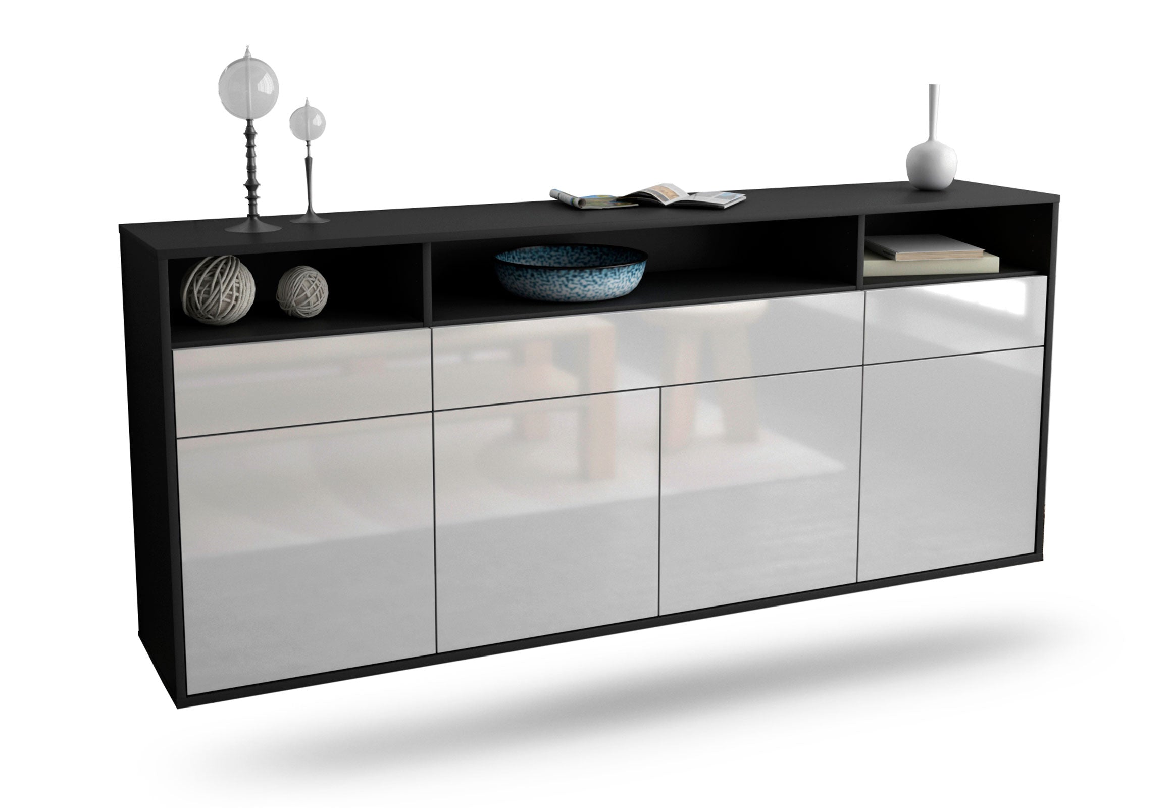 Sideboard Simi Valley | hängend | Korpus Anthrazit | Front in Hochglanz Weiß | 180x79x35cm (BxHxT) 1 Sideboard Simi Valley | hängend | Korpus Anthrazit | Front in Hochglanz Weiß | 180x79x35cm (BxHxT)