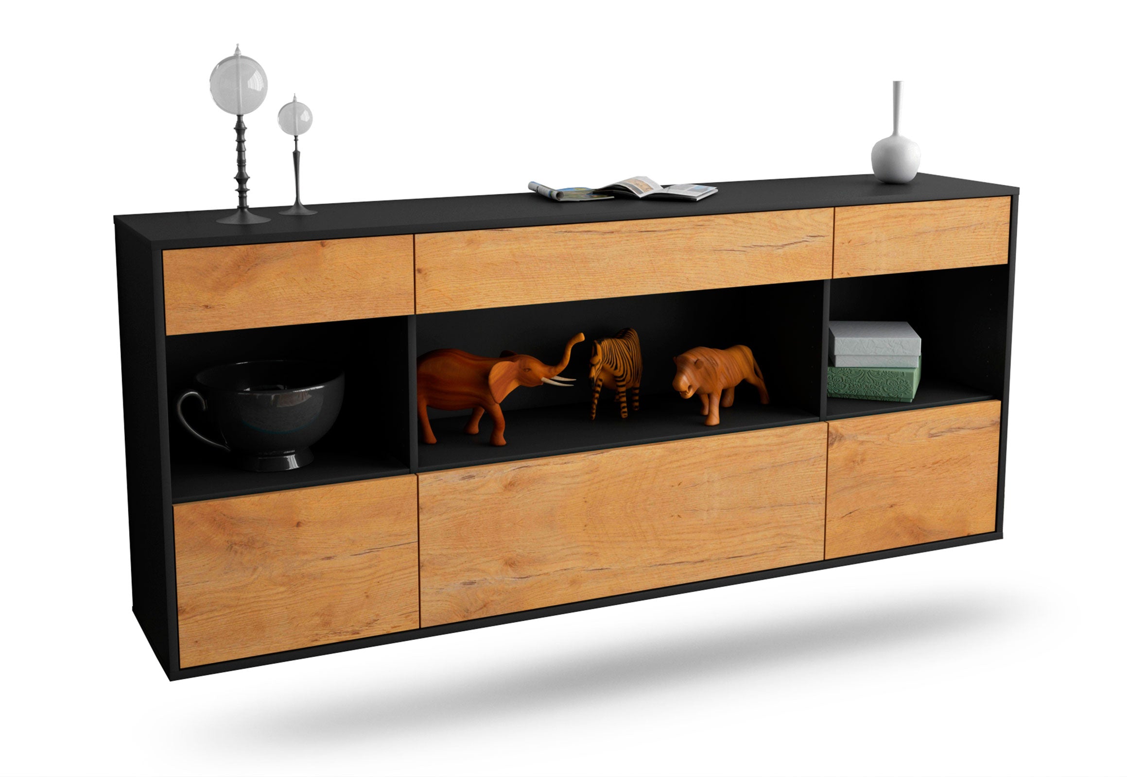 Sideboard Clarksville | hängend | Korpus Anthrazit | Front in Eiche Holz Optik | 180x79x35cm (BxHxT) 1 Sideboard Clarksville | hängend | Korpus Anthrazit | Front in Eiche Holz Optik | 180x79x35cm (BxHxT)