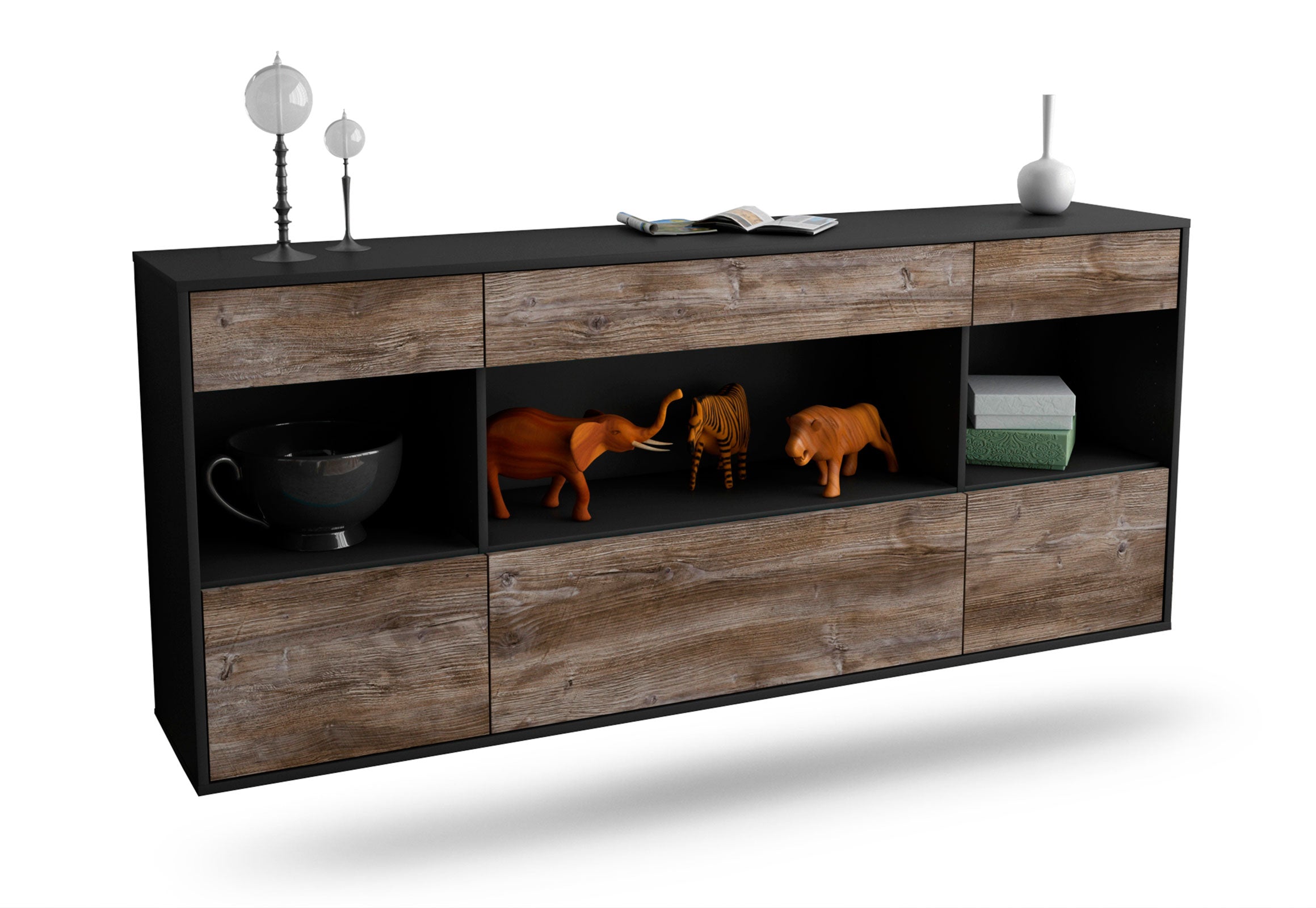 Sideboard Clarksville | hängend | Korpus Anthrazit | Front in Treibholz Holz Optik | 180x79x35cm (BxHxT) 1 Sideboard Clarksville | hängend | Korpus Anthrazit | Front in Treibholz Holz Optik | 180x79x35cm (BxHxT)