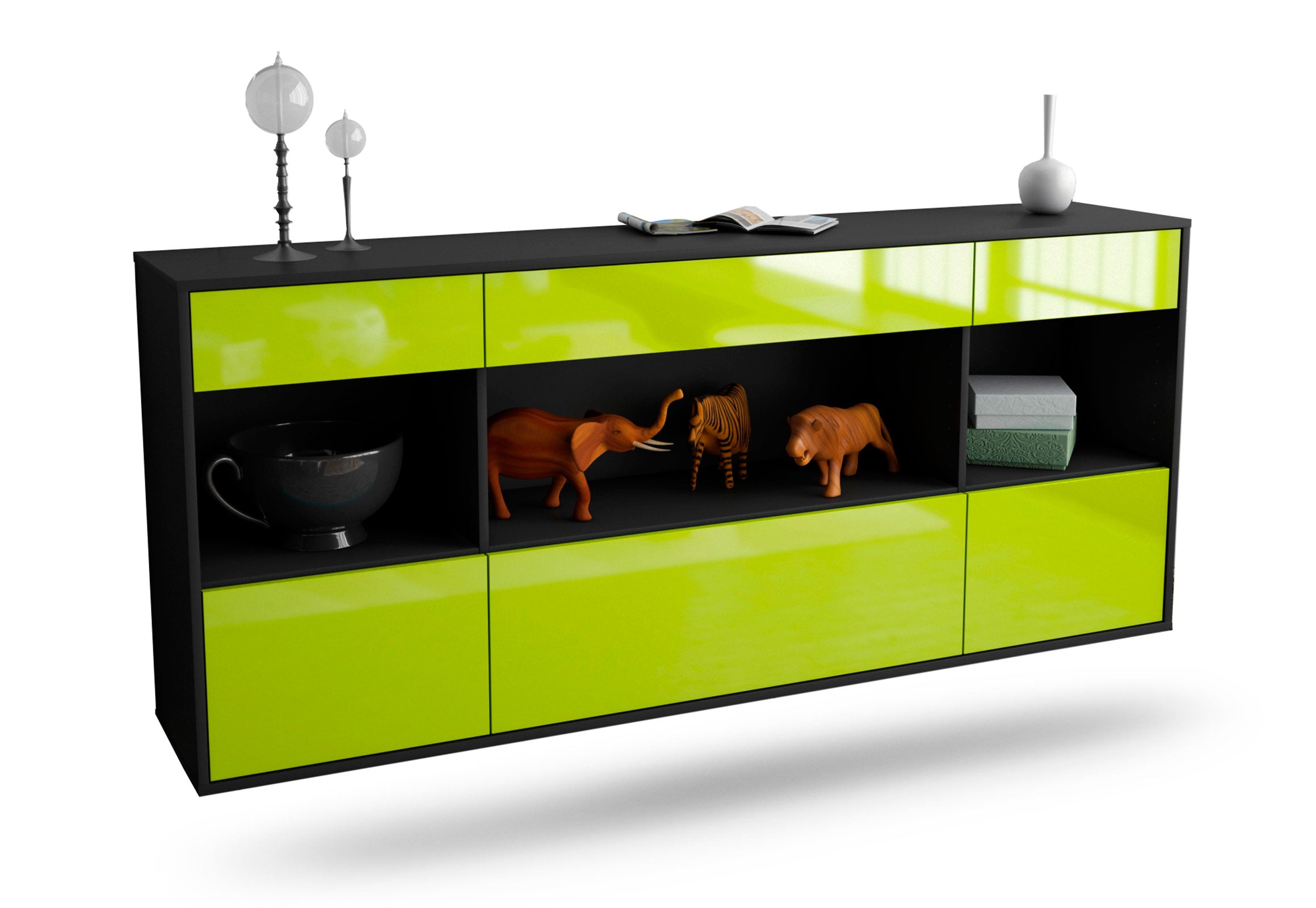 Sideboard Clarksville | hängend | Korpus Anthrazit | Front in Hochglanz Grün | 180x79x35cm (BxHxT) 1 Sideboard Clarksville | hängend | Korpus Anthrazit | Front in Hochglanz Grün | 180x79x35cm (BxHxT)