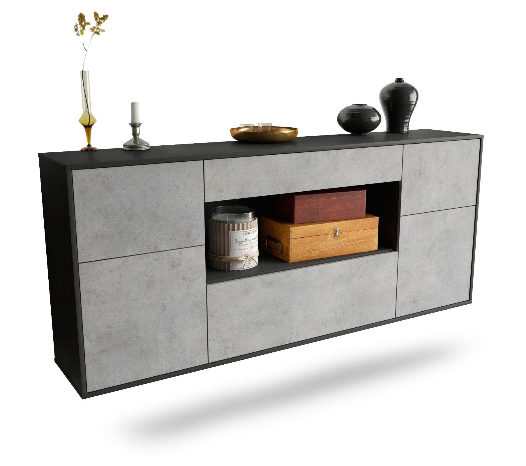 Sideboard Visalia | hängend | Korpus Anthrazit | Front in Beton Optik | 180x79x35cm (BxHxT) 1 Sideboard Visalia | hängend | Korpus Anthrazit | Front in Beton Optik | 180x79x35cm (BxHxT)