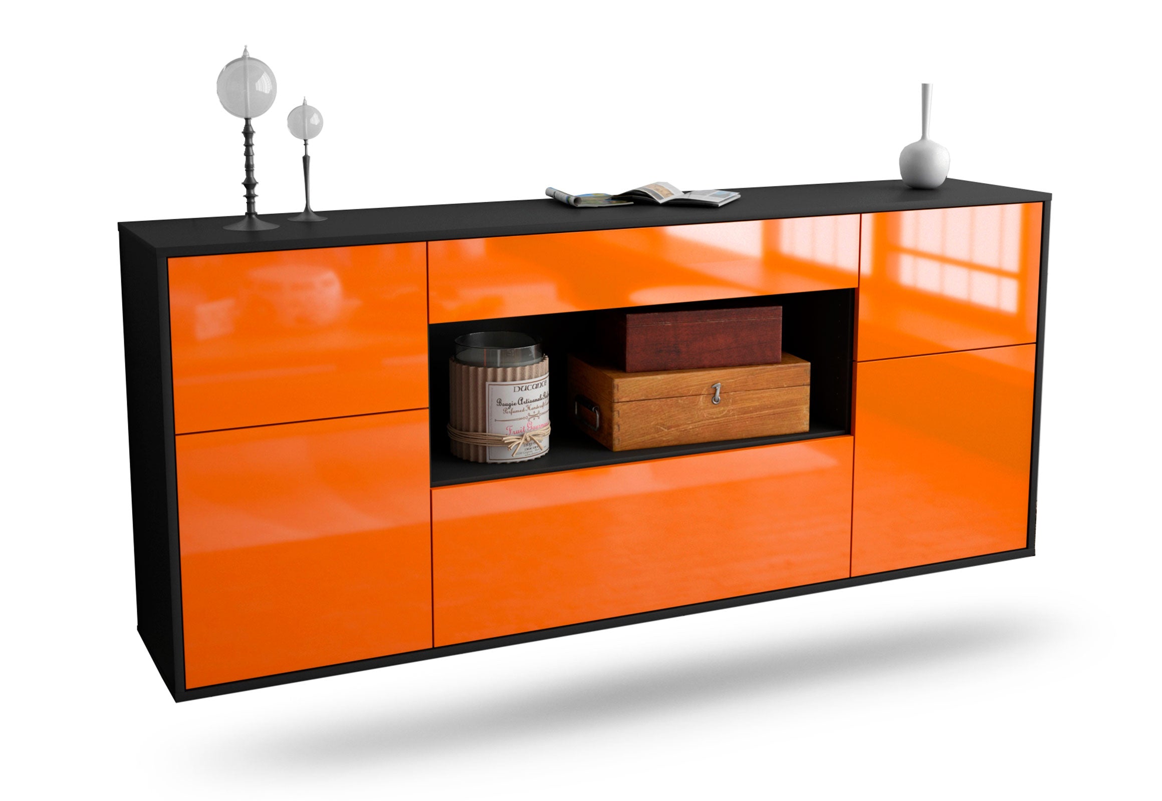 Sideboard Visalia | hängend | Korpus Anthrazit | Front in Hochglanz Orange | 180x79x35cm (BxHxT) 1 Sideboard Visalia | hängend | Korpus Anthrazit | Front in Hochglanz Orange | 180x79x35cm (BxHxT)