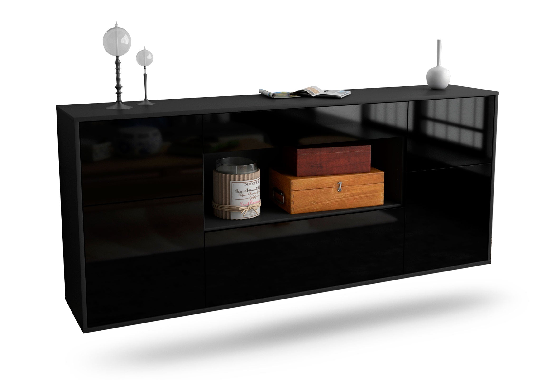 Sideboard Visalia | hängend | Korpus Anthrazit | Front in Hochglanz Schwarz | 180x79x35cm (BxHxT) 1 Sideboard Visalia | hängend | Korpus Anthrazit | Front in Hochglanz Schwarz | 180x79x35cm (BxHxT)