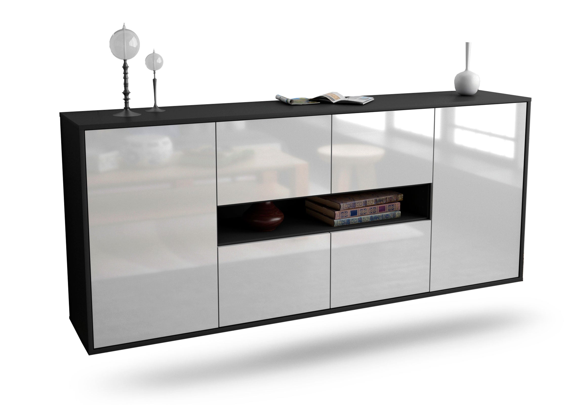Sideboard Stamford | hängend | Korpus Anthrazit | Front in Hochglanz Weiß | 180x79x35cm (BxHxT) 1 Sideboard Stamford | hängend | Korpus Anthrazit | Front in Hochglanz Weiß | 180x79x35cm (BxHxT)