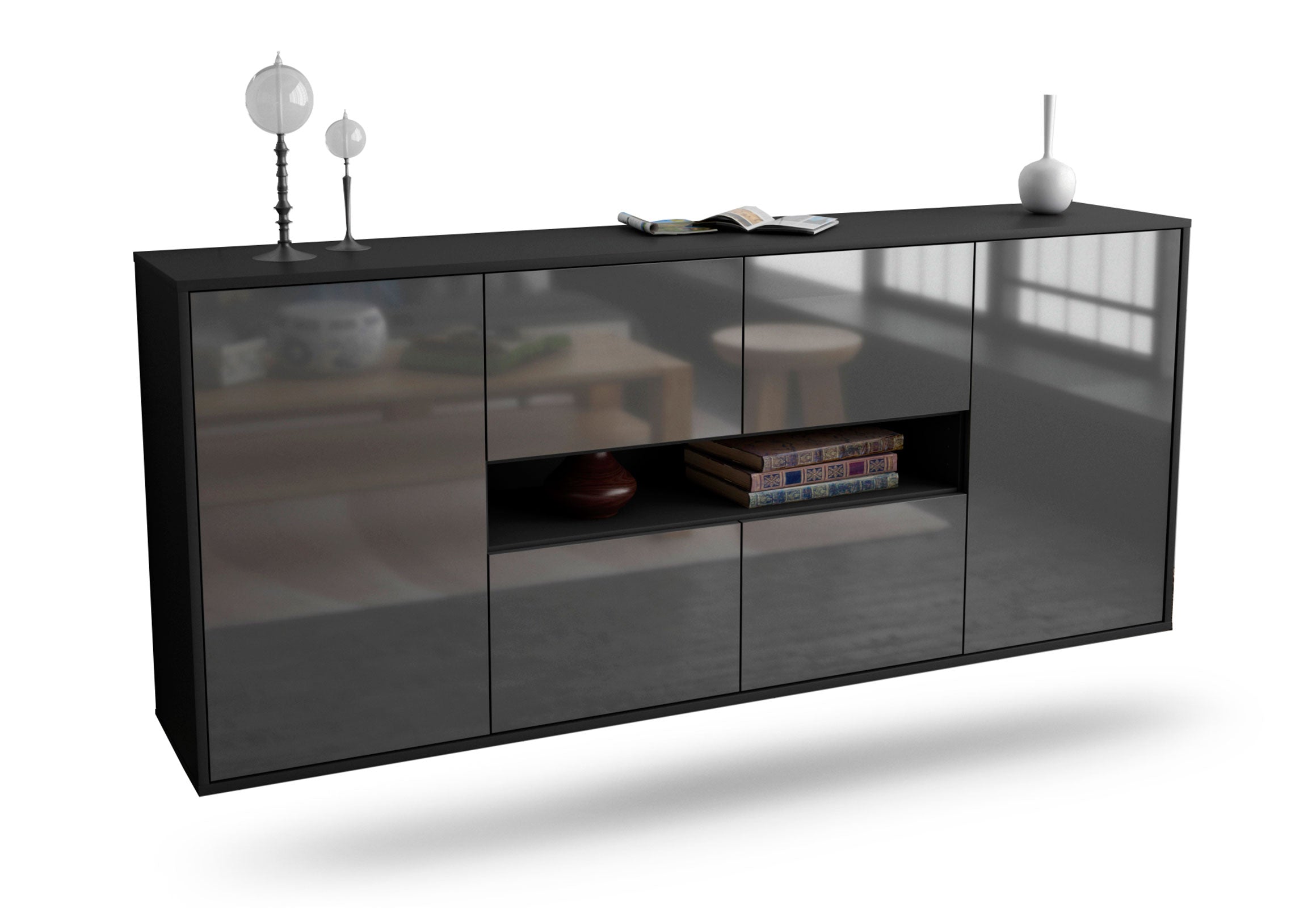 Sideboard Stamford | hängend | Korpus Anthrazit | Front in Hochglanz Grau | 180x79x35cm (BxHxT) 1 Sideboard Stamford | hängend | Korpus Anthrazit | Front in Hochglanz Grau | 180x79x35cm (BxHxT)