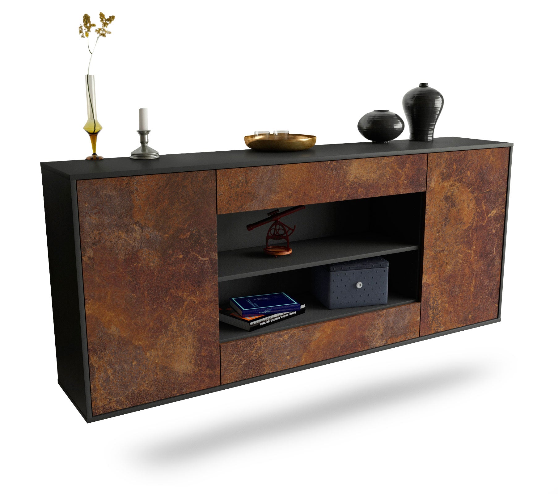 Sideboard Olathe | hängend | Korpus Anthrazit | Front in Rost Optik | 180x79x35cm (BxHxT) 1 Sideboard Olathe | hängend | Korpus Anthrazit | Front in Rost Optik | 180x79x35cm (BxHxT)