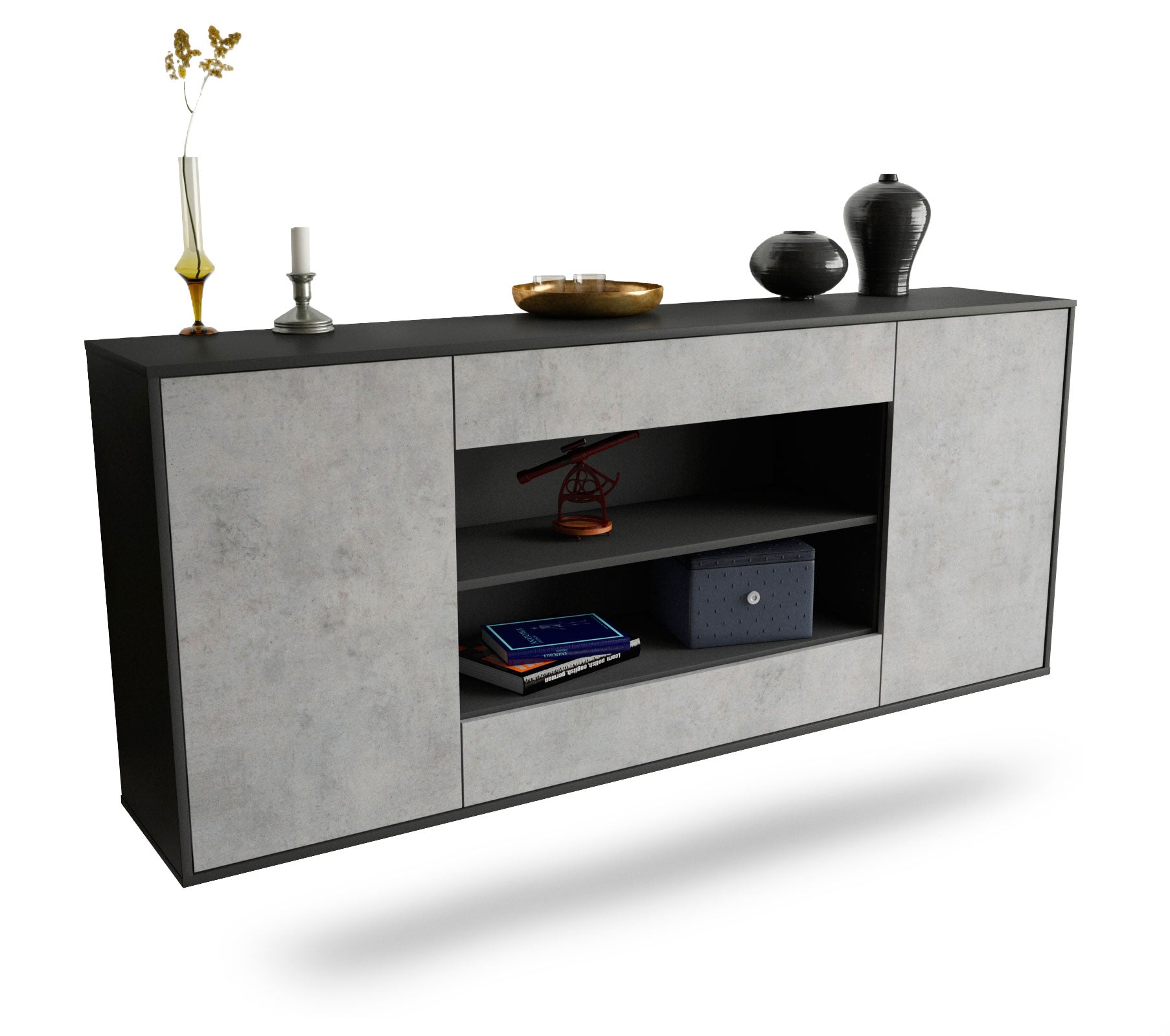 Sideboard Olathe | hängend | Korpus Anthrazit | Front in Beton Optik | 180x79x35cm (BxHxT) 1 Sideboard Olathe | hängend | Korpus Anthrazit | Front in Beton Optik | 180x79x35cm (BxHxT)