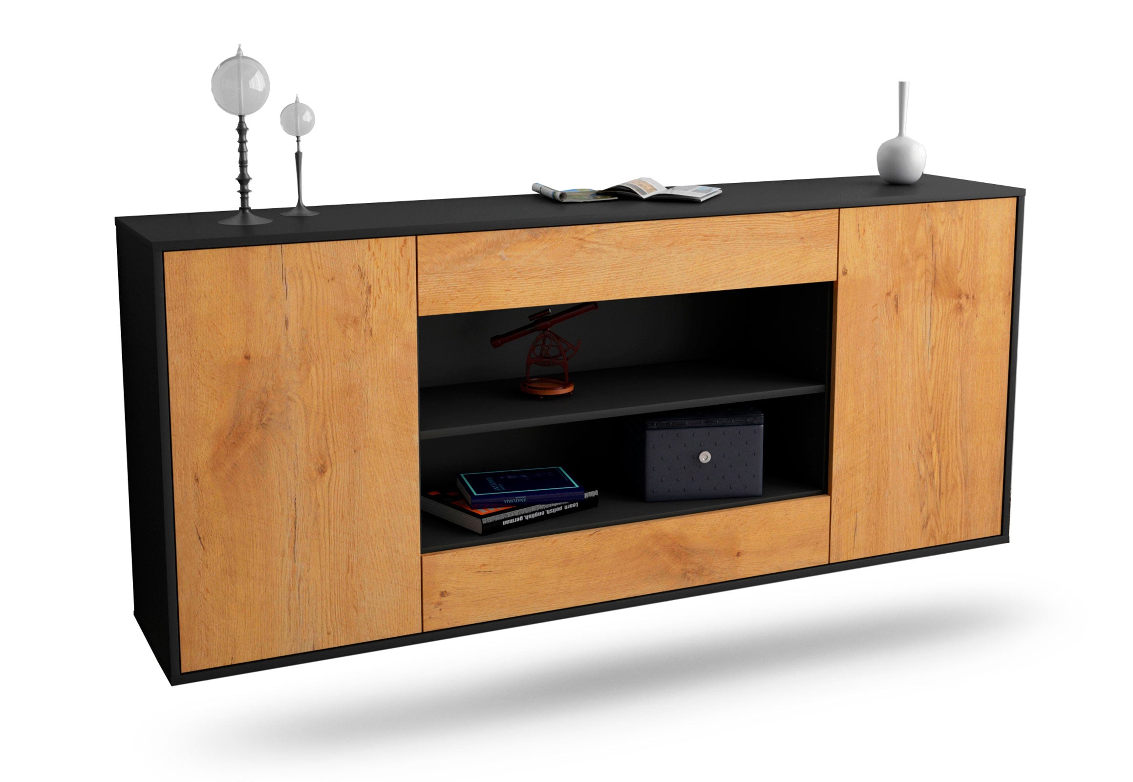 Sideboard Olathe | hängend | Korpus Anthrazit | Front in Eiche Holz Optik | 180x79x35cm (BxHxT) 1 Sideboard Olathe | hängend | Korpus Anthrazit | Front in Eiche Holz Optik | 180x79x35cm (BxHxT)