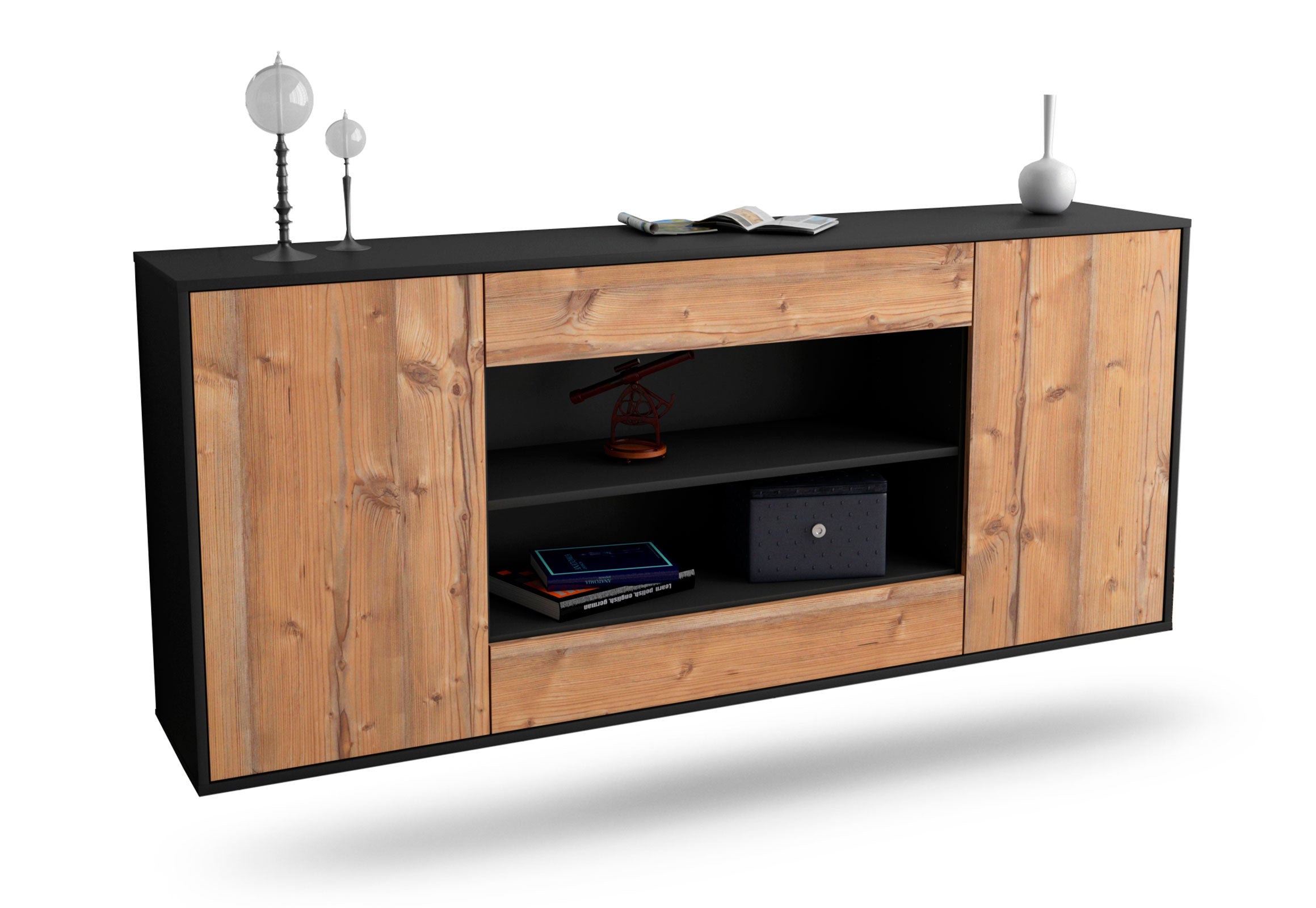 Sideboard Olathe | hängend | Korpus Anthrazit | Front in Pinie Holz Optik | 180x79x35cm (BxHxT) 1 Sideboard Olathe | hängend | Korpus Anthrazit | Front in Pinie Holz Optik | 180x79x35cm (BxHxT)