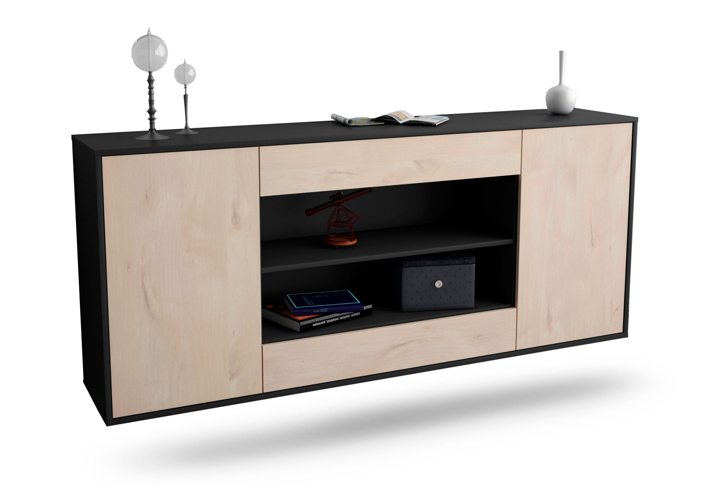 Sideboard Olathe | hängend | Korpus Anthrazit | Front in Zeder Holz Optik | 180x79x35cm (BxHxT) 1 Sideboard Olathe | hängend | Korpus Anthrazit | Front in Zeder Holz Optik | 180x79x35cm (BxHxT)