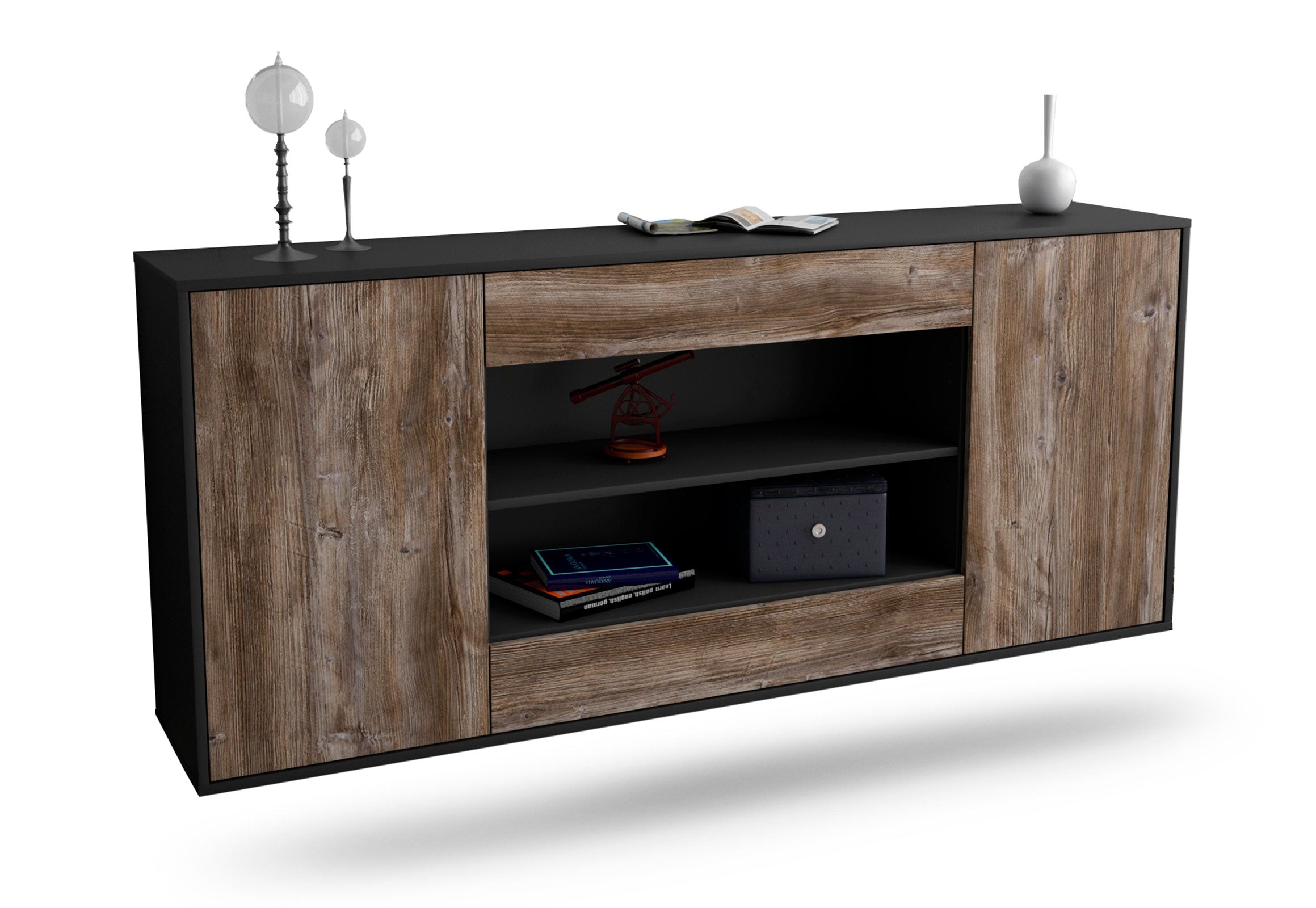 Sideboard Olathe | hängend | Korpus Anthrazit | Front in Treibholz Holz Optik | 180x79x35cm (BxHxT) 1 Sideboard Olathe | hängend | Korpus Anthrazit | Front in Treibholz Holz Optik | 180x79x35cm (BxHxT)
