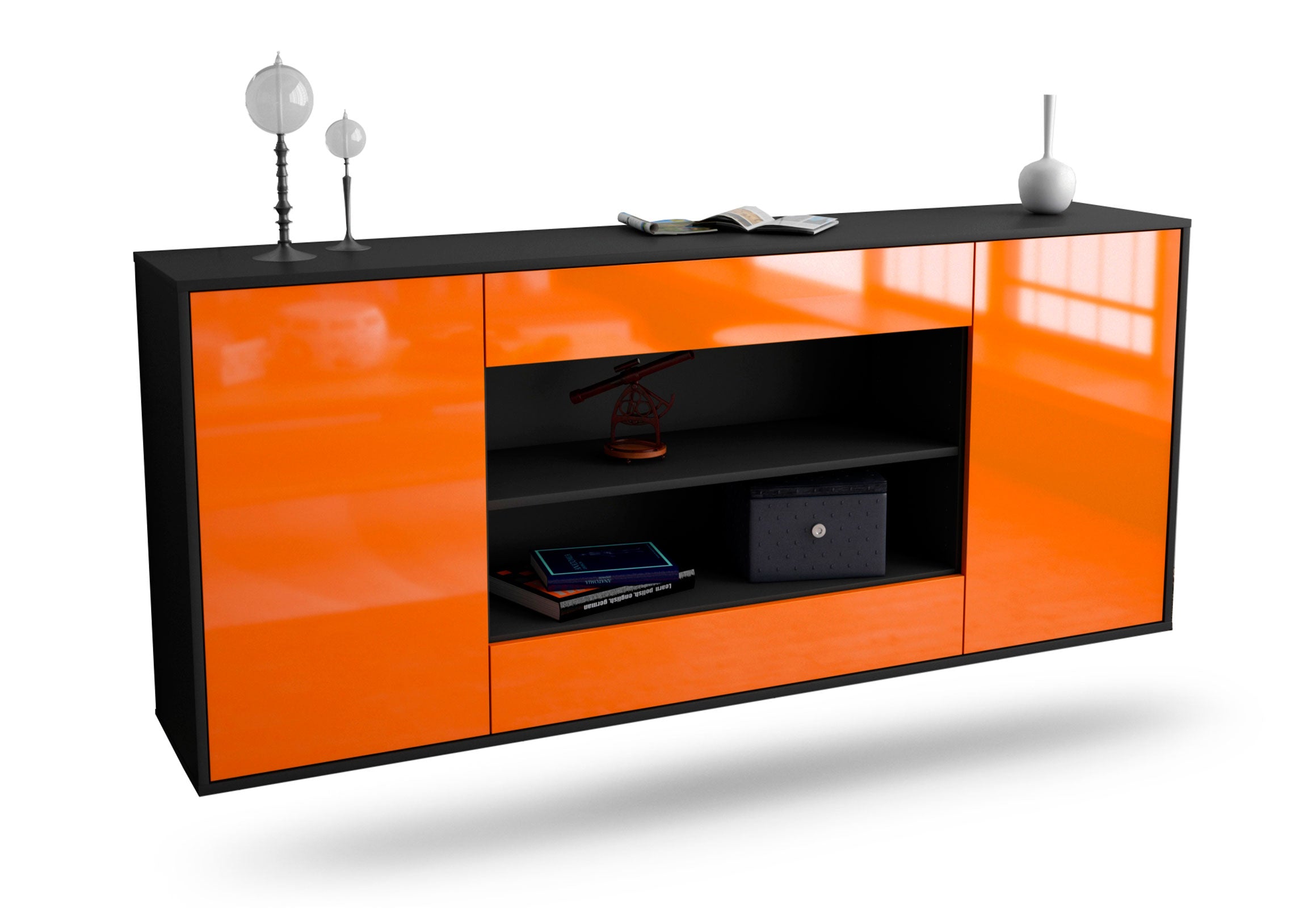 Sideboard Olathe | hängend | Korpus Anthrazit | Front in Hochglanz Orange | 180x79x35cm (BxHxT) 1 Sideboard Olathe | hängend | Korpus Anthrazit | Front in Hochglanz Orange | 180x79x35cm (BxHxT)