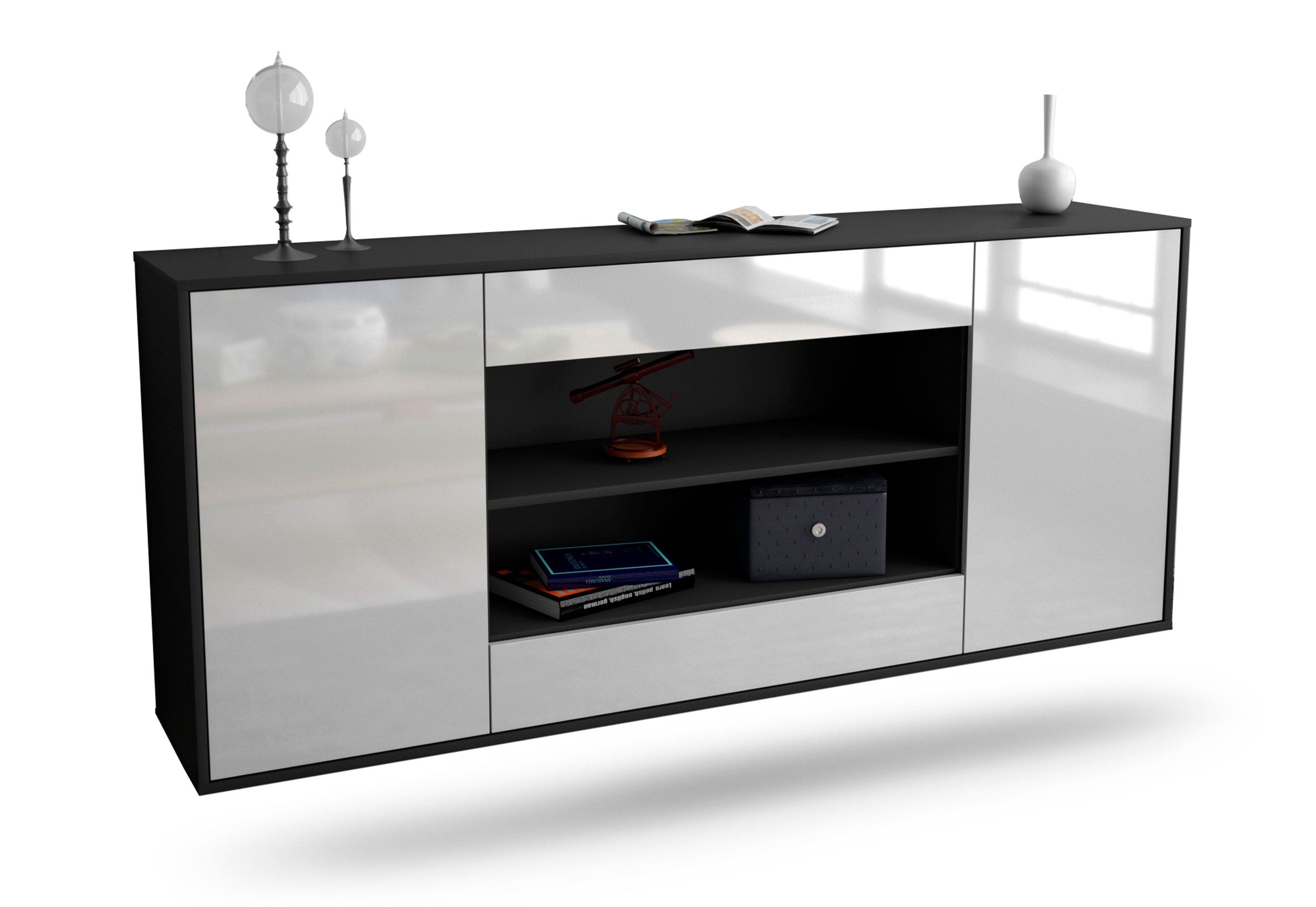 Sideboard Olathe | hängend | Korpus Anthrazit | Front in Hochglanz Weiß | 180x79x35cm (BxHxT) 1 Sideboard Olathe | hängend | Korpus Anthrazit | Front in Hochglanz Weiß | 180x79x35cm (BxHxT)