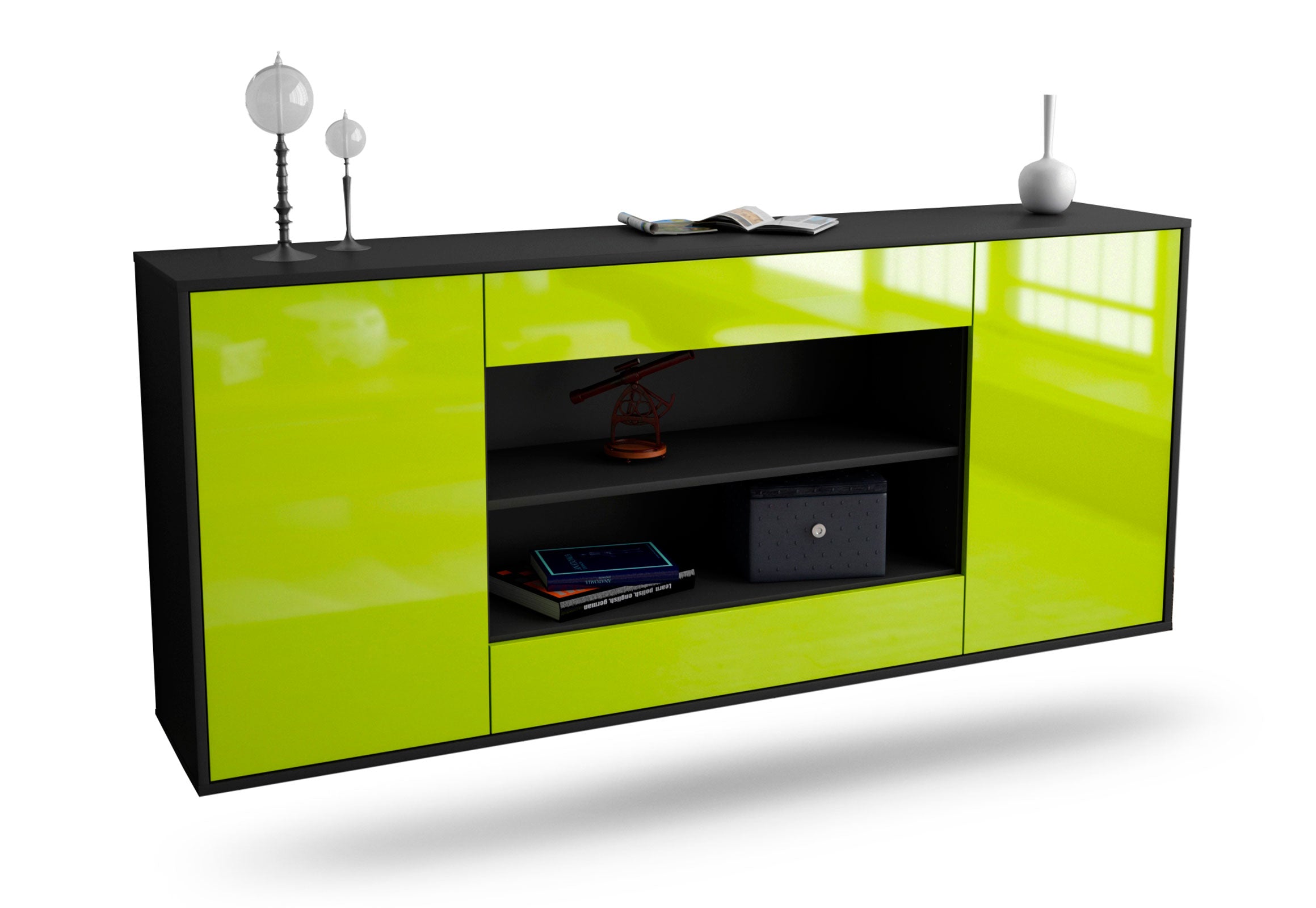 Sideboard Olathe | hängend | Korpus Anthrazit | Front in Hochglanz Grün | 180x79x35cm (BxHxT) 1 Sideboard Olathe | hängend | Korpus Anthrazit | Front in Hochglanz Grün | 180x79x35cm (BxHxT)