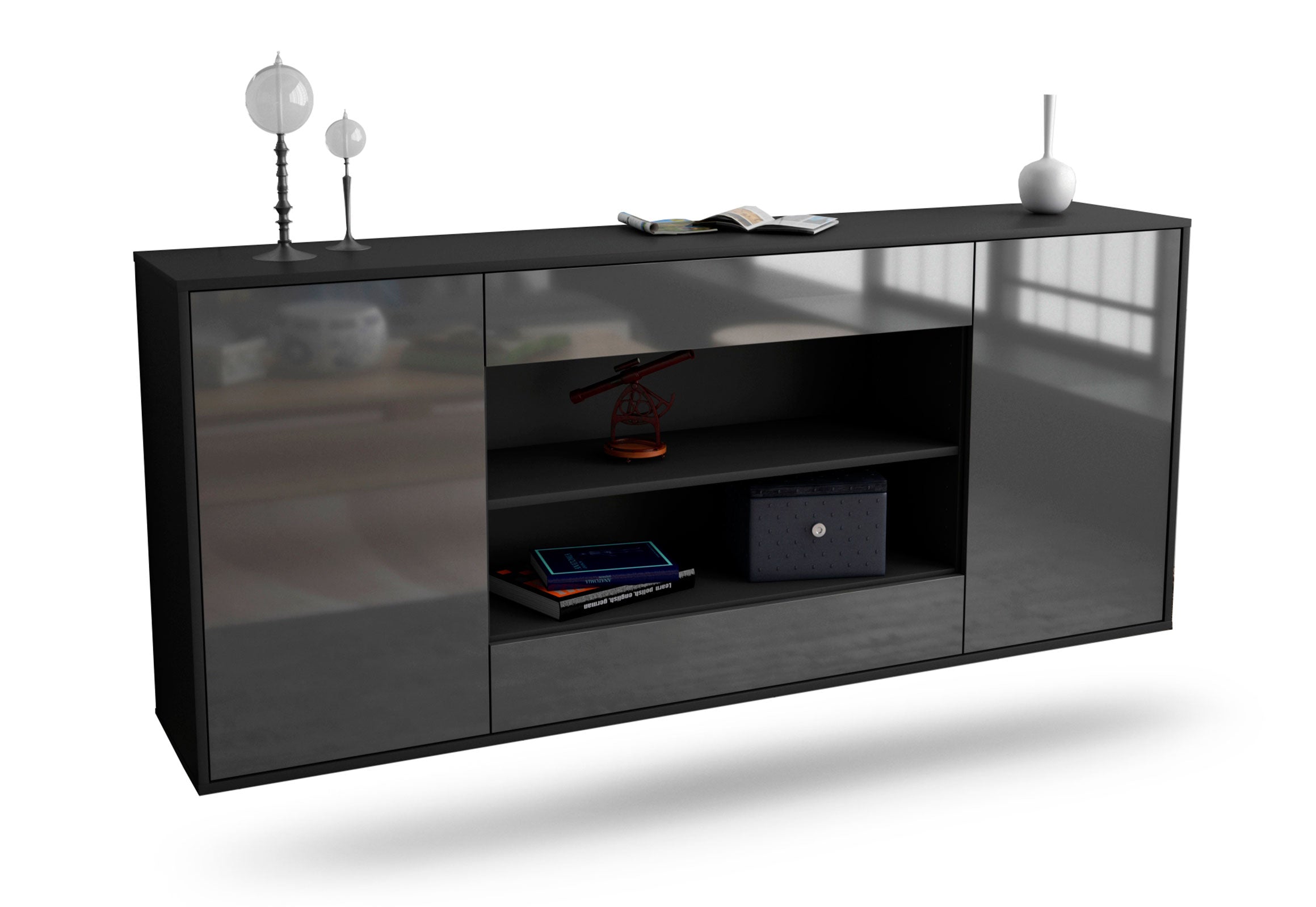 Sideboard Olathe | hängend | Korpus Anthrazit | Front in Hochglanz Grau | 180x79x35cm (BxHxT) 1 Sideboard Olathe | hängend | Korpus Anthrazit | Front in Hochglanz Grau | 180x79x35cm (BxHxT)