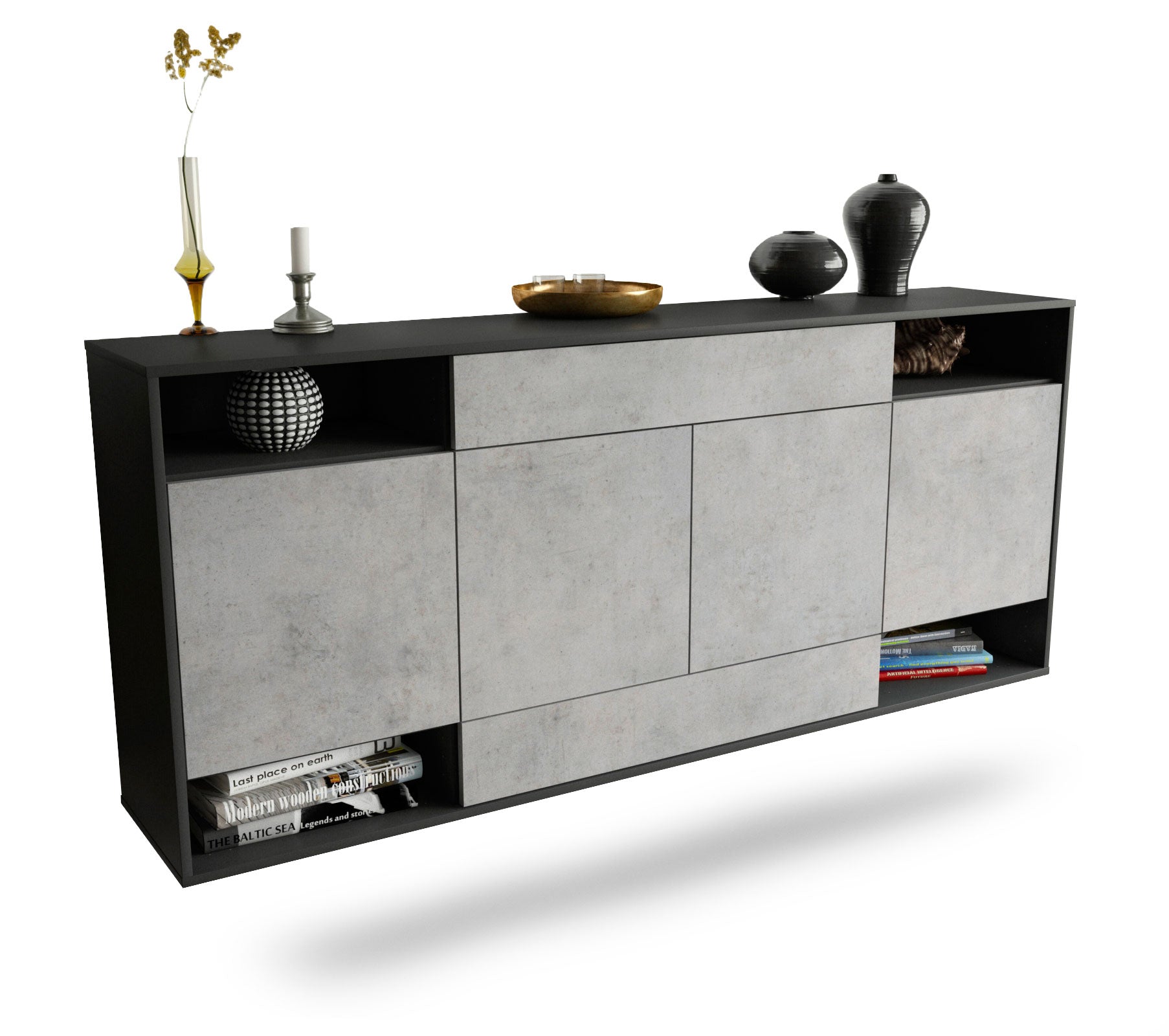 Sideboard Evansville | hängend | Korpus Anthrazit | Front in Beton Optik | 180x79x35cm (BxHxT) 1 Sideboard Evansville | hängend | Korpus Anthrazit | Front in Beton Optik | 180x79x35cm (BxHxT)