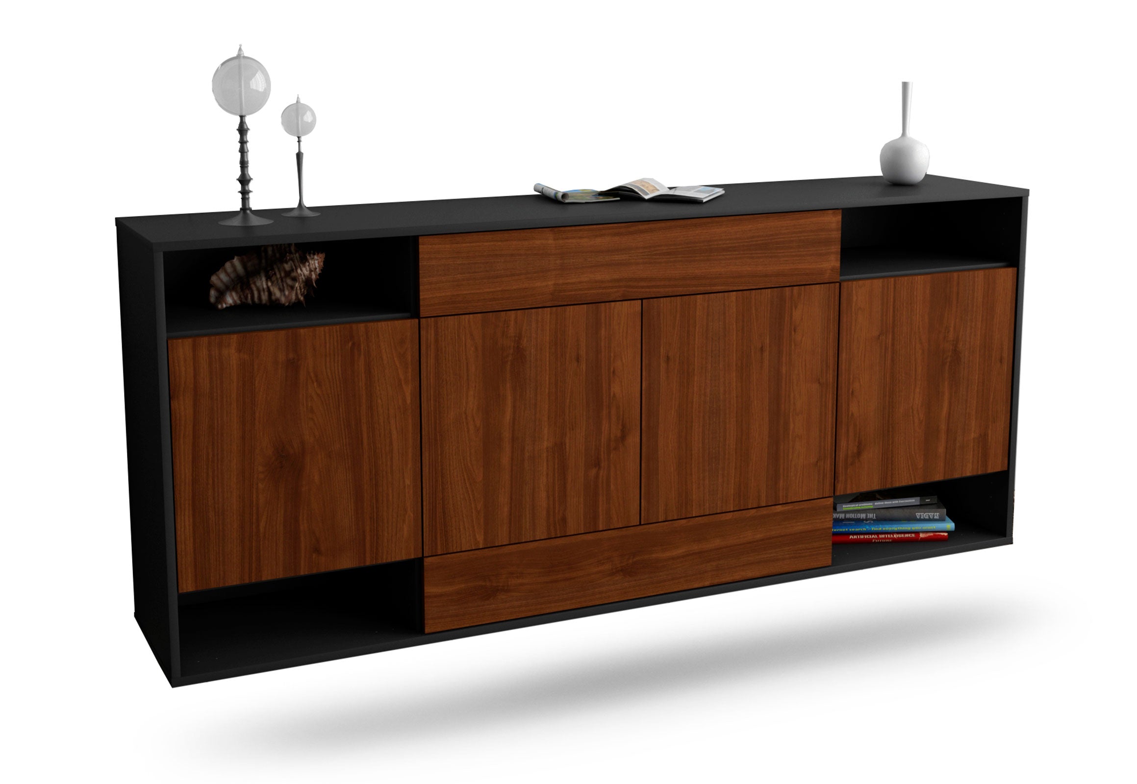 Sideboard Evansville | hängend | Korpus Anthrazit | Front in Walnuss Holz Optik | 180x79x35cm (BxHxT) 1 Sideboard Evansville | hängend | Korpus Anthrazit | Front in Walnuss Holz Optik | 180x79x35cm (BxHxT)