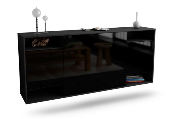 Sideboard Evansville | hängend | Korpus Anthrazit | Front in Hochglanz Schwarz | 180x79x35cm (BxHxT)