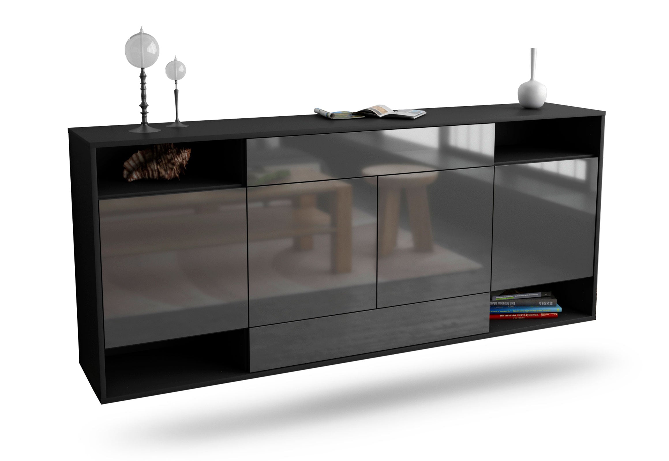 Sideboard Evansville | hängend | Korpus Anthrazit | Front in Hochglanz Grau | 180x79x35cm (BxHxT) 1 Sideboard Evansville | hängend | Korpus Anthrazit | Front in Hochglanz Grau | 180x79x35cm (BxHxT)