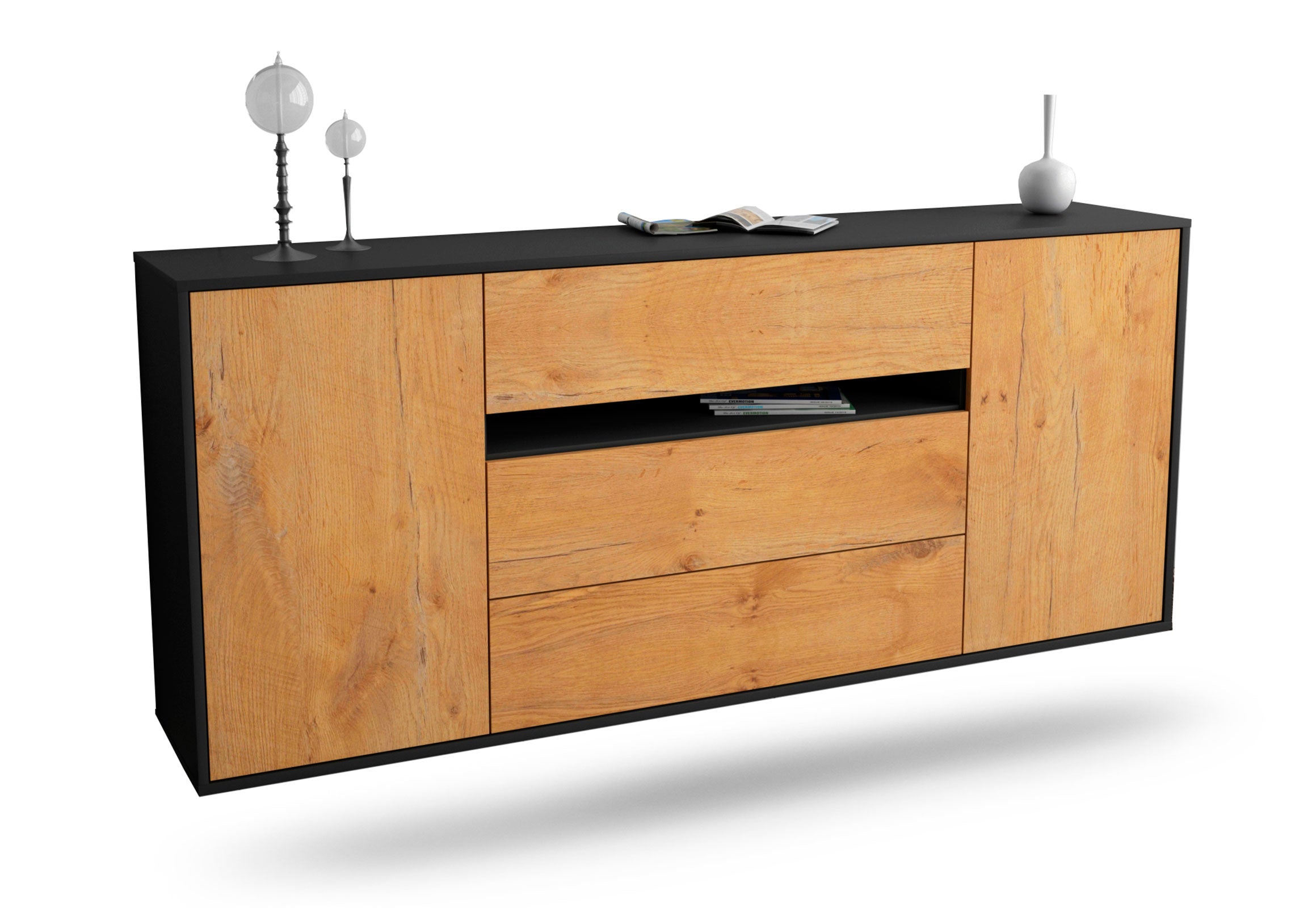 Sideboard McKinney | hängend | Korpus Anthrazit | Front in Eiche Holz Optik | 180x79x35cm (BxHxT) 1 Sideboard McKinney | hängend | Korpus Anthrazit | Front in Eiche Holz Optik | 180x79x35cm (BxHxT)