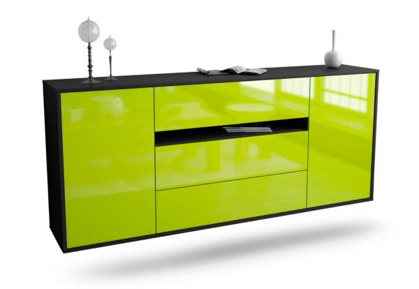 Sideboard McKinney | hängend | Korpus Anthrazit | Front in Hochglanz Grün | 180x79x35cm (BxHxT)