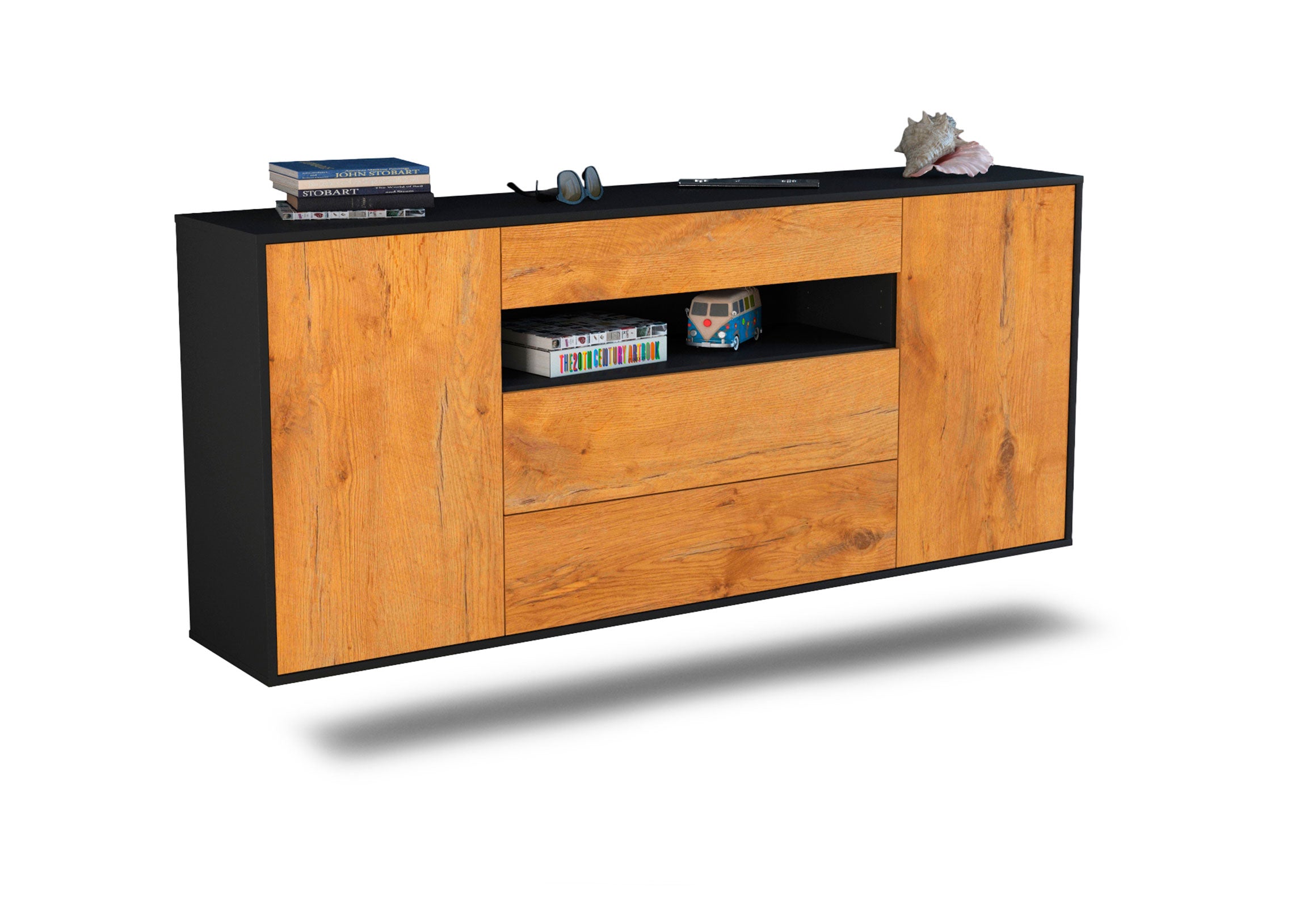 Sideboard Vallejo | hängend | Korpus Anthrazit | Front in Eiche Holz Optik | 180x79x35cm (BxHxT) 1 Sideboard Vallejo | hängend | Korpus Anthrazit | Front in Eiche Holz Optik | 180x79x35cm (BxHxT)