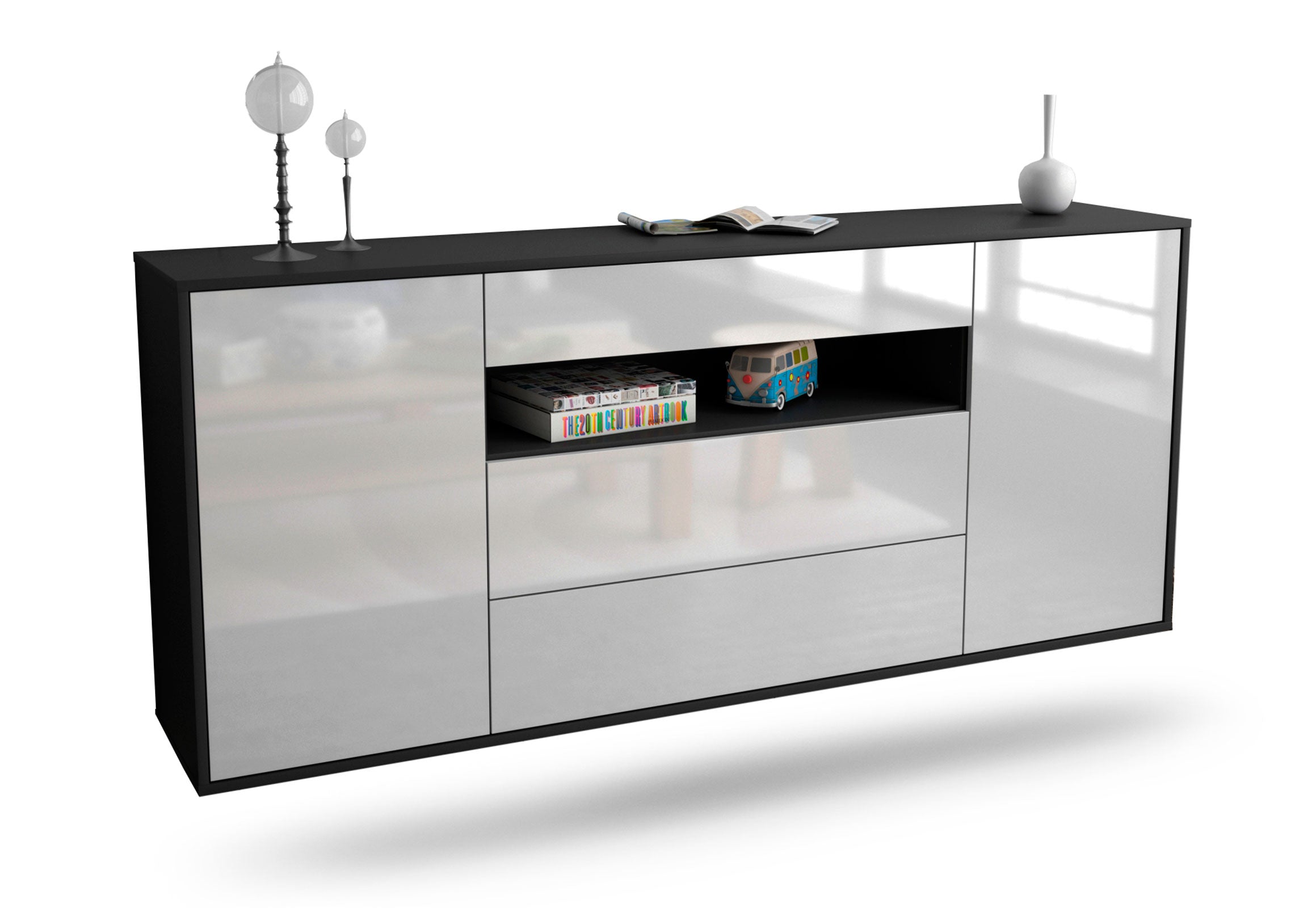 Sideboard Vallejo | hängend | Korpus Anthrazit | Front in Hochglanz Weiß | 180x79x35cm (BxHxT) 1 Sideboard Vallejo | hängend | Korpus Anthrazit | Front in Hochglanz Weiß | 180x79x35cm (BxHxT)