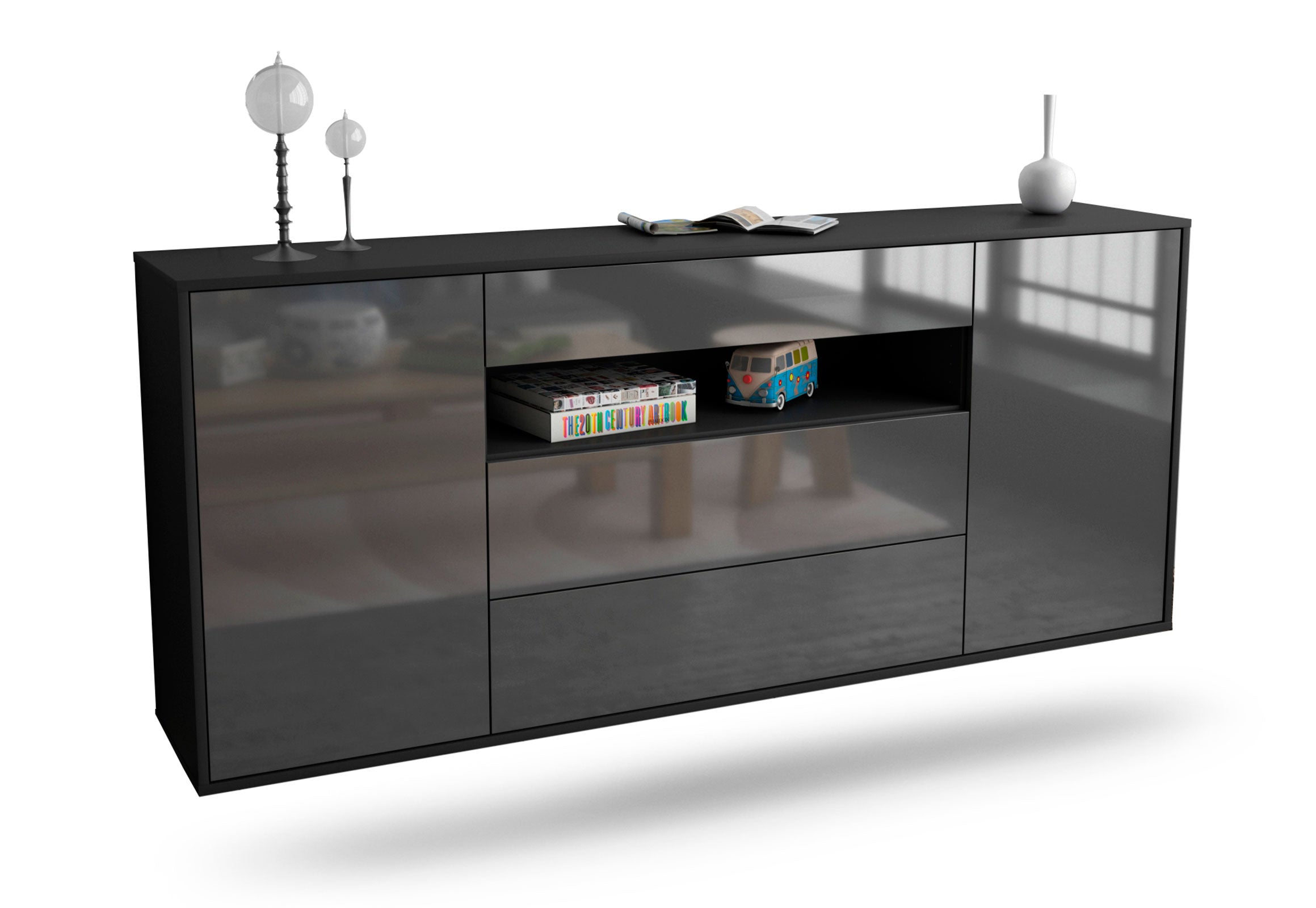 Sideboard Vallejo | hängend | Korpus Anthrazit | Front in Hochglanz Grau | 180x79x35cm (BxHxT) 1 Sideboard Vallejo | hängend | Korpus Anthrazit | Front in Hochglanz Grau | 180x79x35cm (BxHxT)