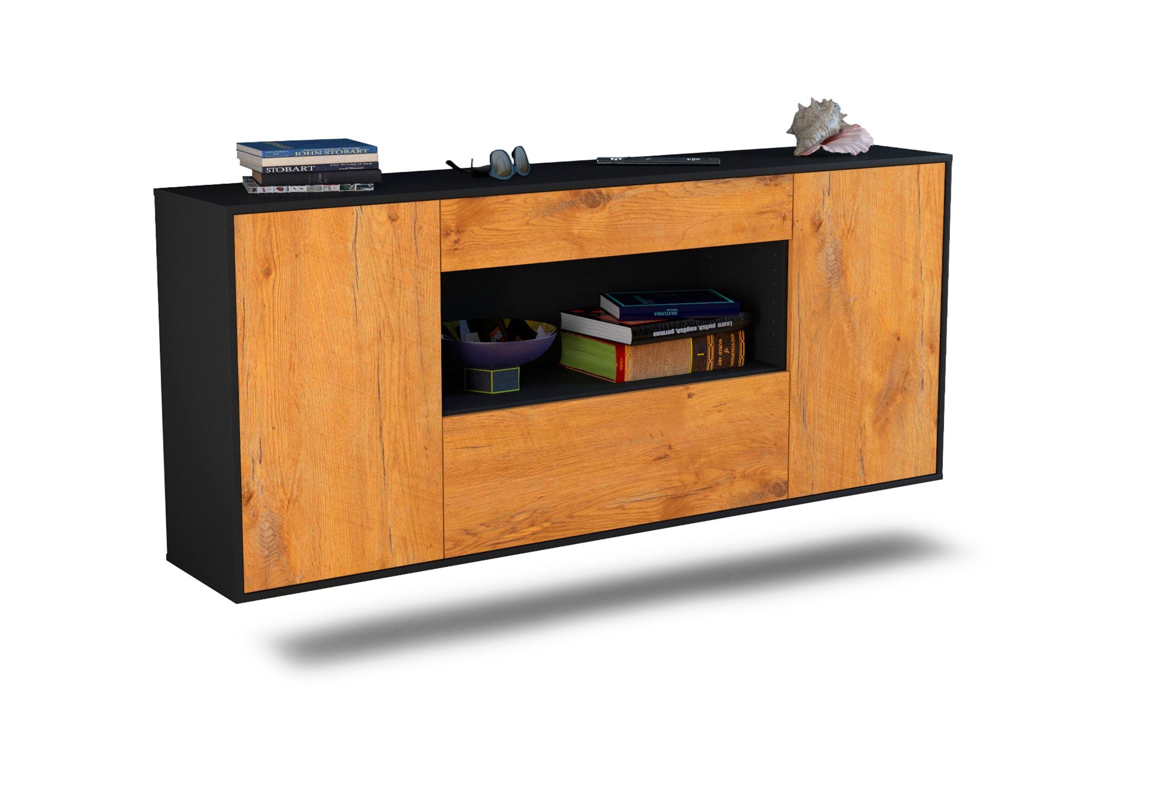 Sideboard Ann Arbor | hängend | Korpus Anthrazit | Front in Eiche Holz Optik | 180x79x35cm (BxHxT) 1 Sideboard Ann Arbor | hängend | Korpus Anthrazit | Front in Eiche Holz Optik | 180x79x35cm (BxHxT)