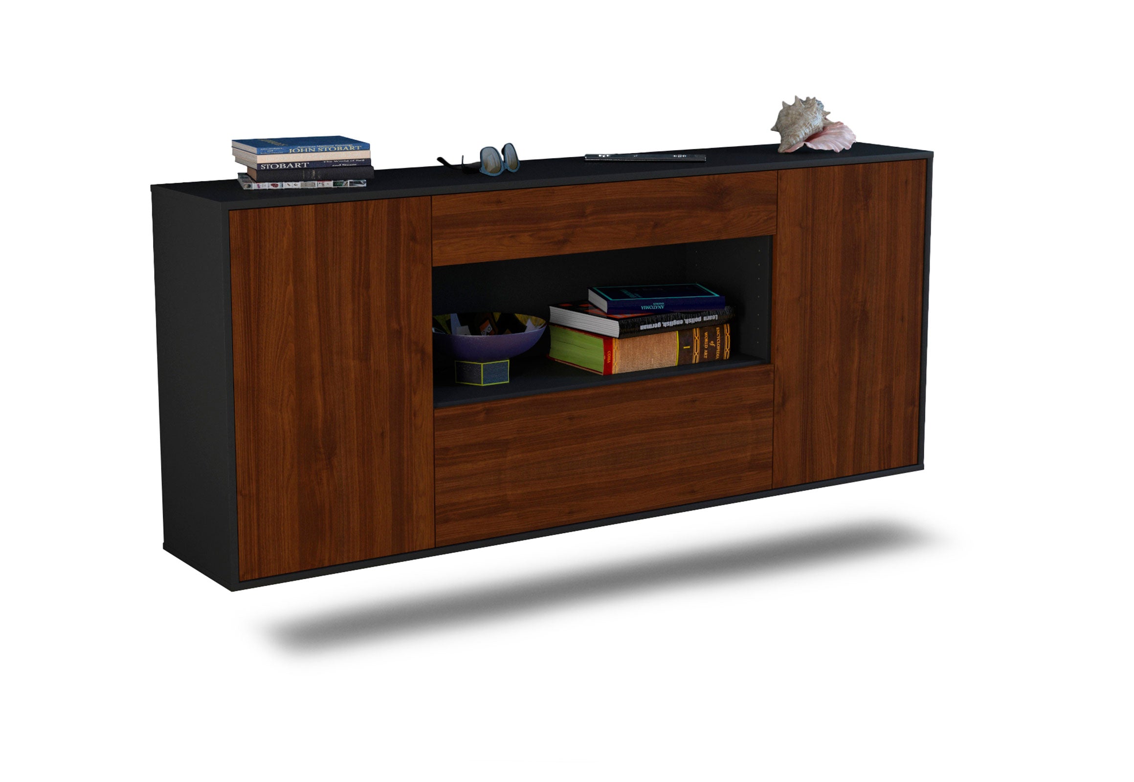 Sideboard Ann Arbor | hängend | Korpus Anthrazit | Front in Walnuss Holz Optik | 180x79x35cm (BxHxT) 1 Sideboard Ann Arbor | hängend | Korpus Anthrazit | Front in Walnuss Holz Optik | 180x79x35cm (BxHxT)