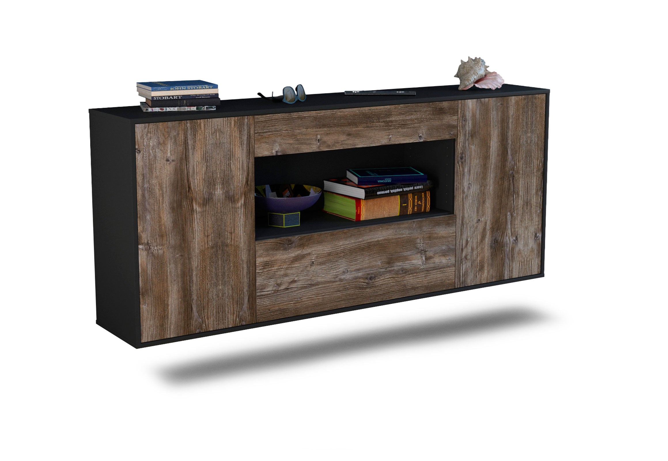 Sideboard Ann Arbor | hängend | Korpus Anthrazit | Front in Treibholz Holz Optik | 180x79x35cm (BxHxT) 1 Sideboard Ann Arbor | hängend | Korpus Anthrazit | Front in Treibholz Holz Optik | 180x79x35cm (BxHxT)
