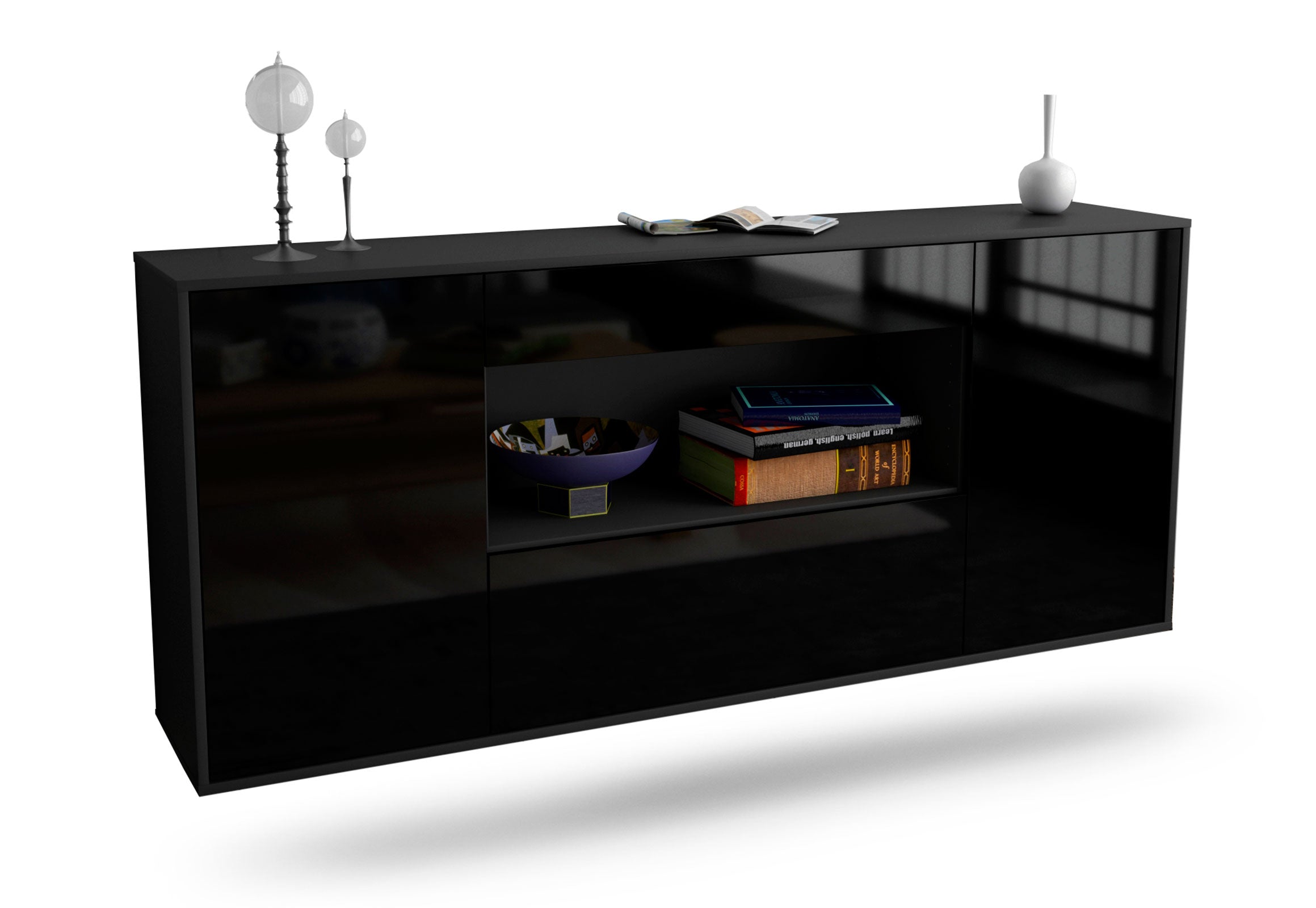 Sideboard Ann Arbor | hängend | Korpus Anthrazit | Front in Hochglanz Schwarz | 180x79x35cm (BxHxT) 1 Sideboard Ann Arbor | hängend | Korpus Anthrazit | Front in Hochglanz Schwarz | 180x79x35cm (BxHxT)