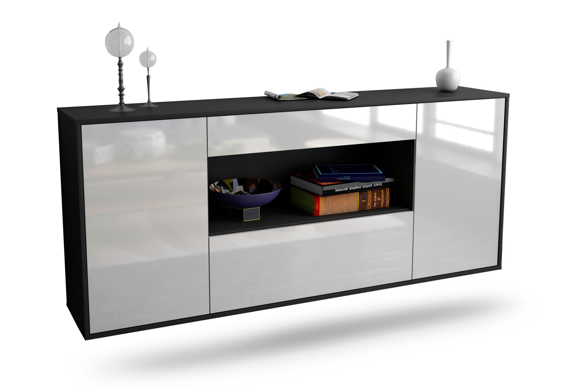 Sideboard Ann Arbor | hängend | Korpus Anthrazit | Front in Hochglanz Weiß | 180x79x35cm (BxHxT) 1 Sideboard Ann Arbor | hängend | Korpus Anthrazit | Front in Hochglanz Weiß | 180x79x35cm (BxHxT)