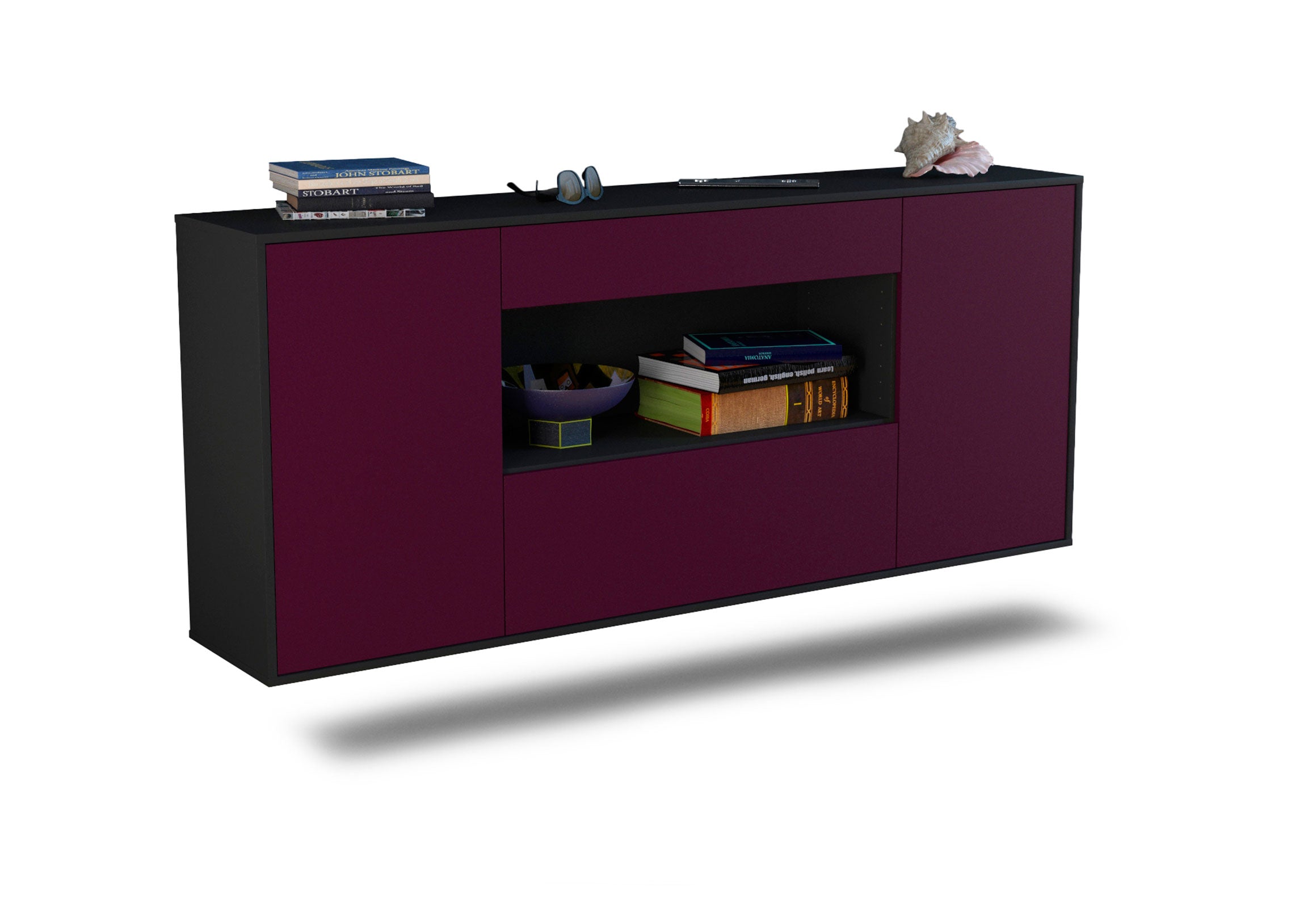 Sideboard Ann Arbor | hängend | Korpus Anthrazit | Front in Lila | 180x79x35cm (BxHxT) 1 Sideboard Ann Arbor | hängend | Korpus Anthrazit | Front in Lila | 180x79x35cm (BxHxT)