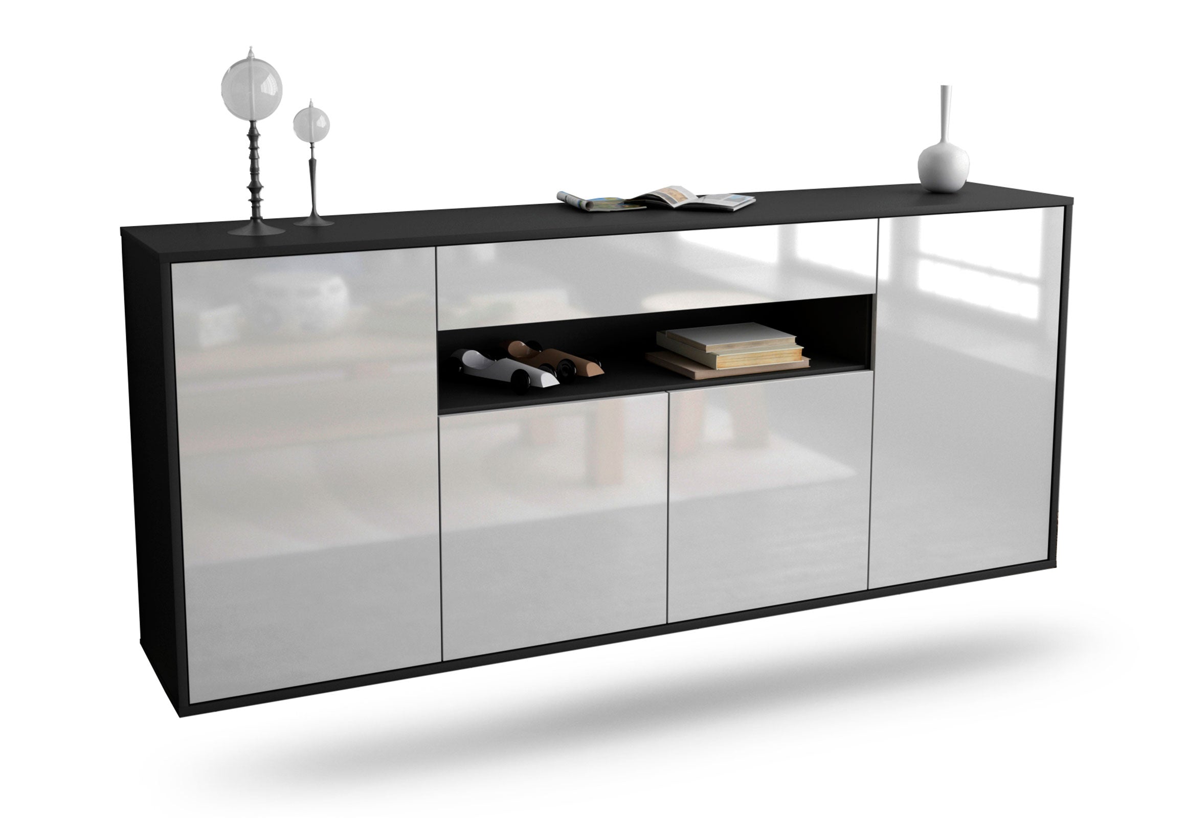 Sideboard Lansing | hängend | Korpus Anthrazit | Front in Hochglanz Weiß | 180x79x35cm (BxHxT) 1 Sideboard Lansing | hängend | Korpus Anthrazit | Front in Hochglanz Weiß | 180x79x35cm (BxHxT)