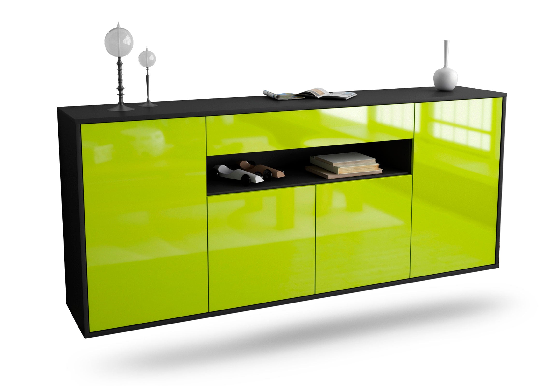 Sideboard Lansing | hängend | Korpus Anthrazit | Front in Hochglanz Grün | 180x79x35cm (BxHxT) 1 Sideboard Lansing | hängend | Korpus Anthrazit | Front in Hochglanz Grün | 180x79x35cm (BxHxT)