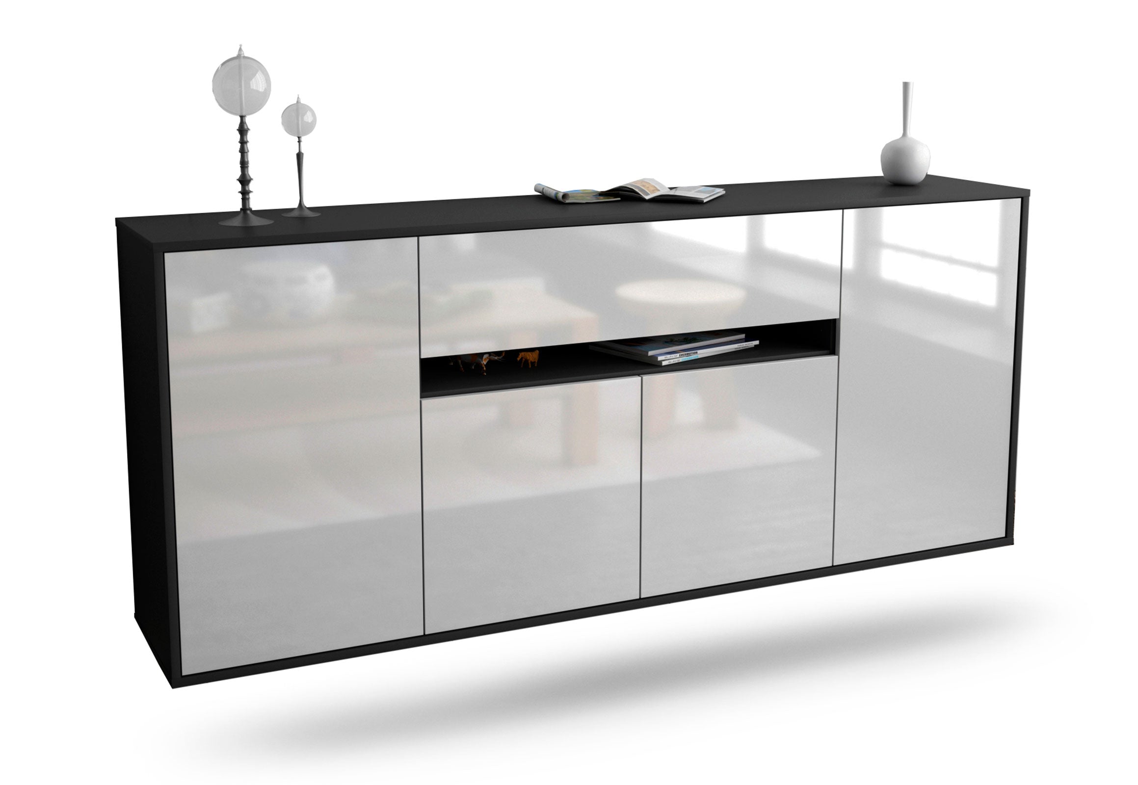 Sideboard Flint | hängend | Korpus Anthrazit | Front in Hochglanz Weiß | 180x79x35cm (BxHxT) 1 Sideboard Flint | hängend | Korpus Anthrazit | Front in Hochglanz Weiß | 180x79x35cm (BxHxT)