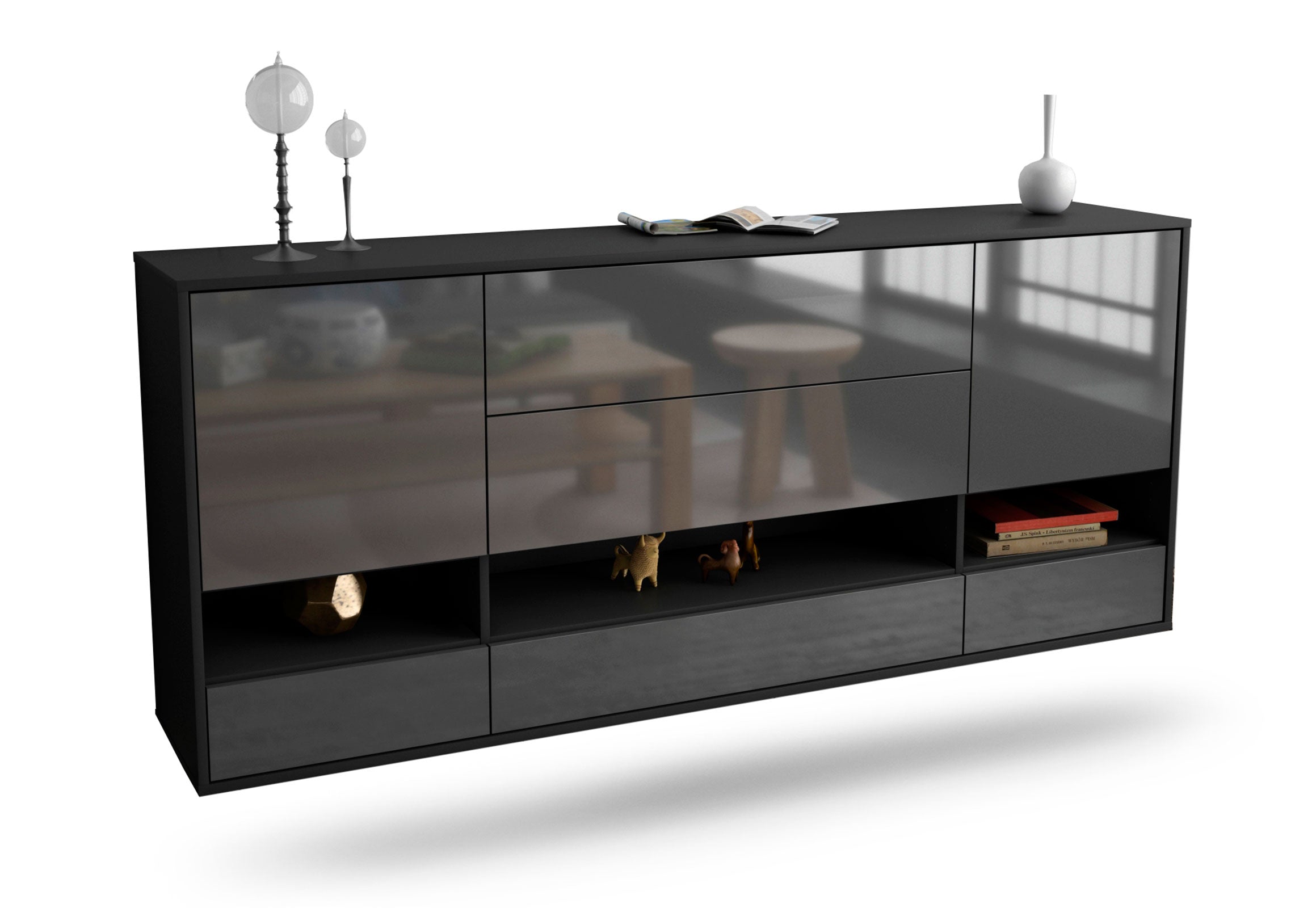 Sideboard Lafayette | hängend | Korpus Anthrazit | Front in Hochglanz Grau | 180x79x35cm (BxHxT) 1 Sideboard Lafayette | hängend | Korpus Anthrazit | Front in Hochglanz Grau | 180x79x35cm (BxHxT)