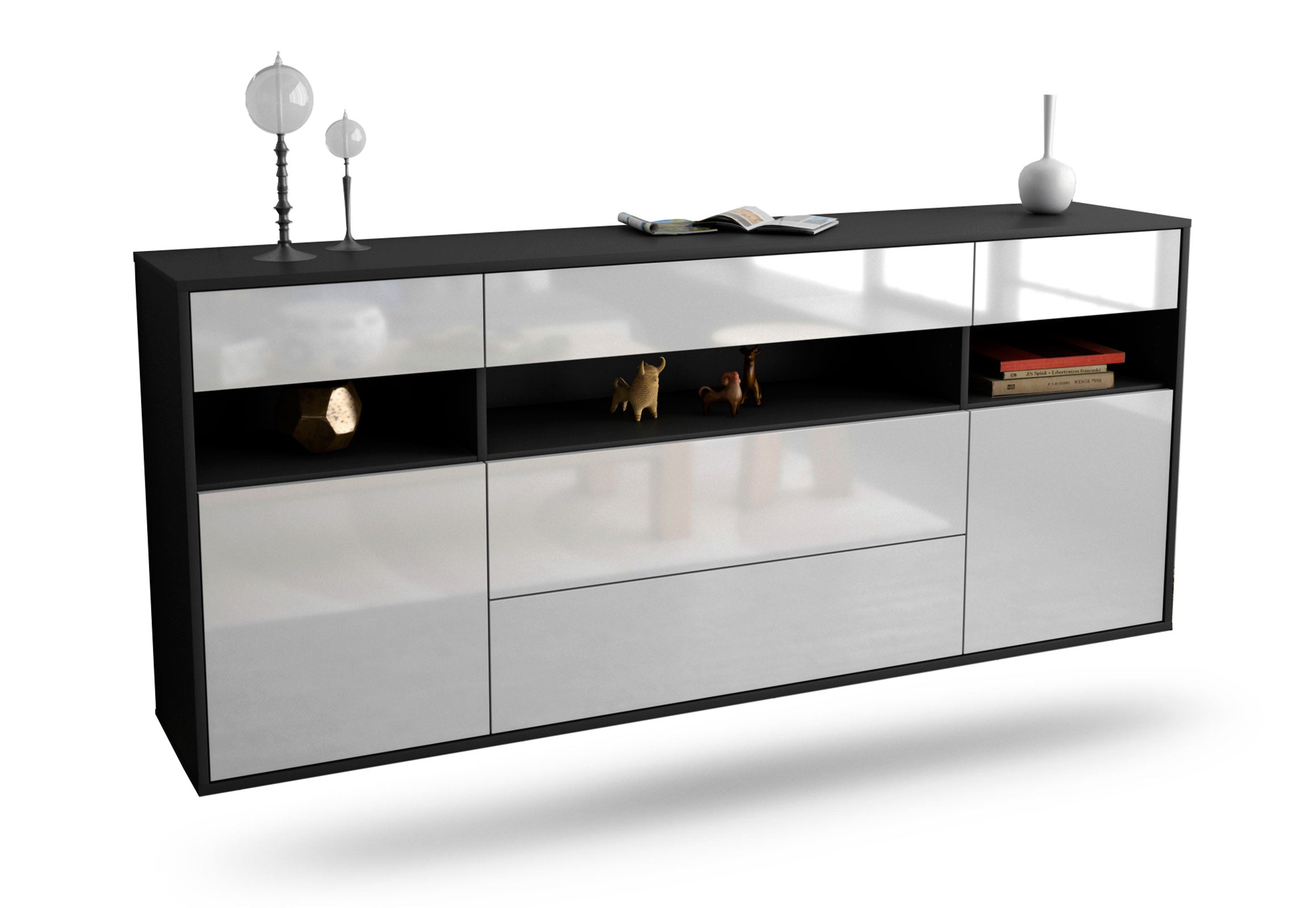 Sideboard Inglewood | hängend | Korpus Anthrazit | Front in Hochglanz Weiß | 180x79x35cm (BxHxT) 1 Sideboard Inglewood | hängend | Korpus Anthrazit | Front in Hochglanz Weiß | 180x79x35cm (BxHxT)