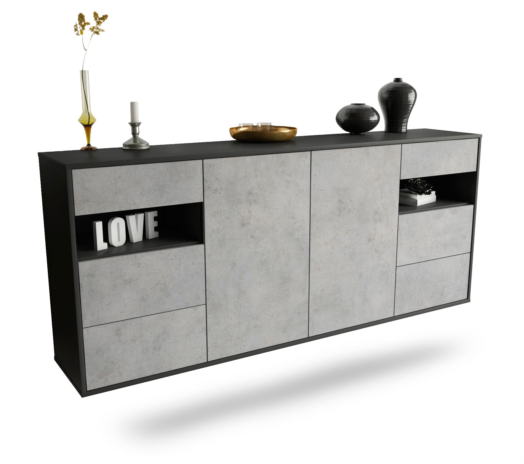 Sideboard Thornton | hängend | Korpus Anthrazit | Front in Beton Optik | 180x79x35cm (BxHxT) 1 Sideboard Thornton | hängend | Korpus Anthrazit | Front in Beton Optik | 180x79x35cm (BxHxT)