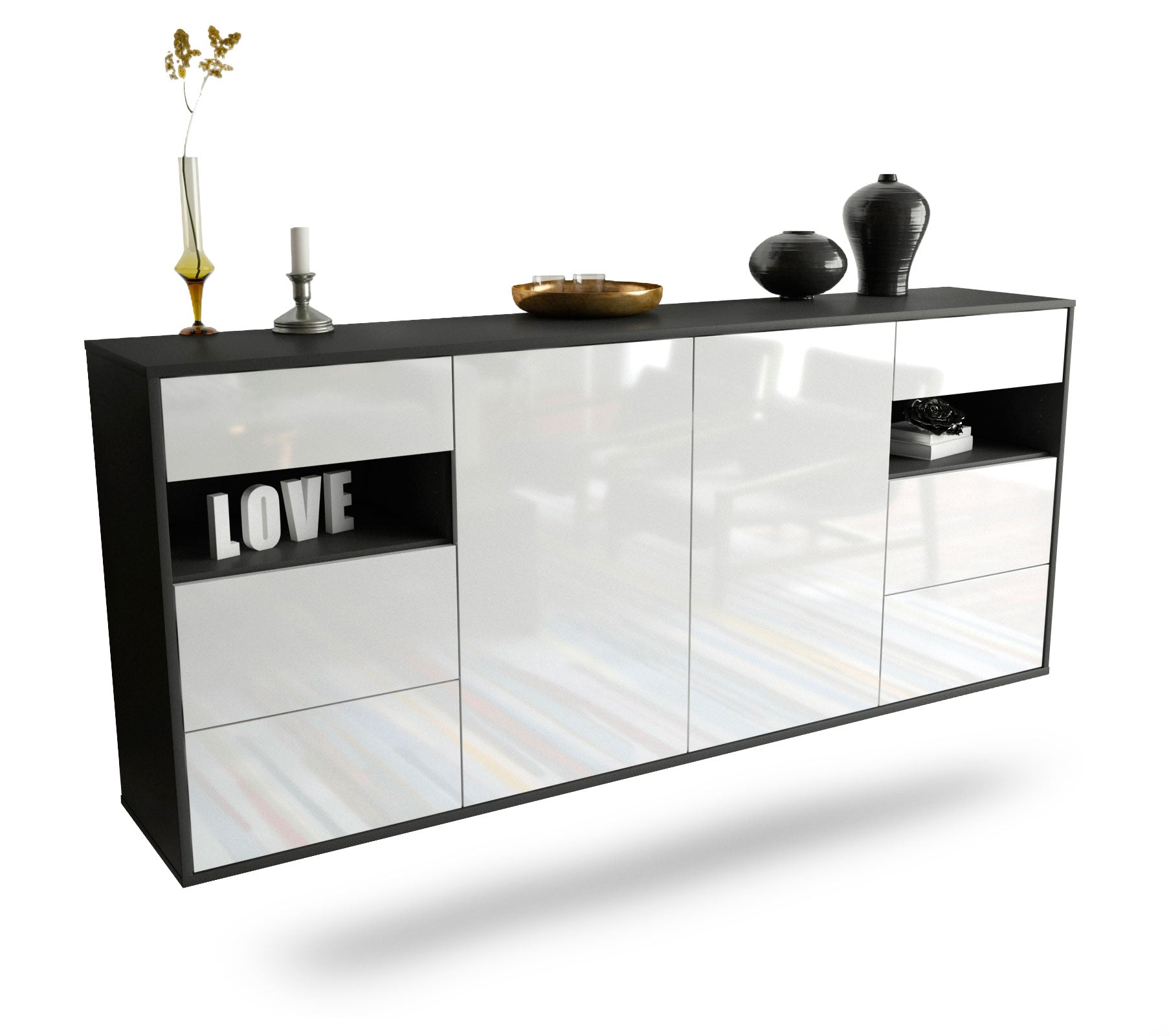 Sideboard Thornton | hängend | Korpus Anthrazit | Front in Hochglanz Weiß | 180x79x35cm (BxHxT) 1 Sideboard Thornton | hängend | Korpus Anthrazit | Front in Hochglanz Weiß | 180x79x35cm (BxHxT)
