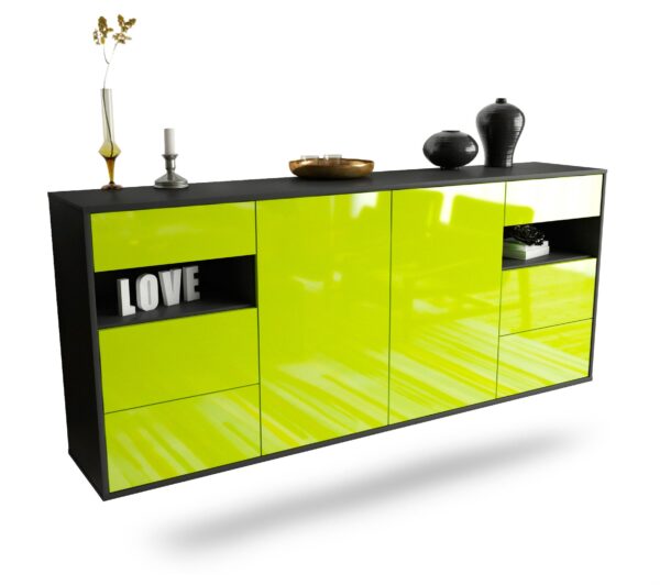 Sideboard Thornton | hängend | Korpus Anthrazit | Front in Hochglanz Grün | 180x79x35cm (BxHxT)