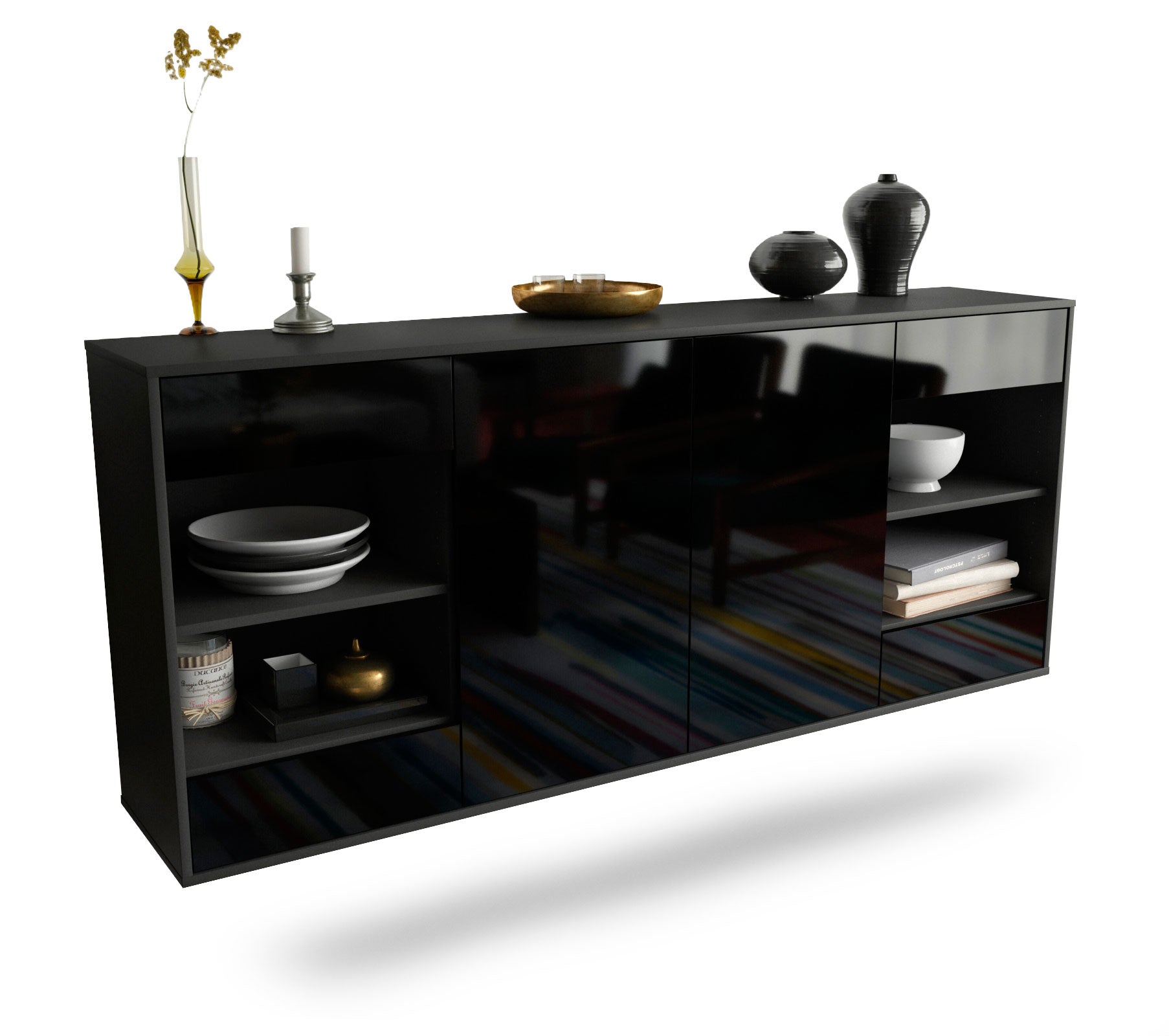 Sideboard Independence | hängend | Korpus Anthrazit | Front in Hochglanz Schwarz | 180x79x35cm (BxHxT) 1 Sideboard Independence | hängend | Korpus Anthrazit | Front in Hochglanz Schwarz | 180x79x35cm (BxHxT)