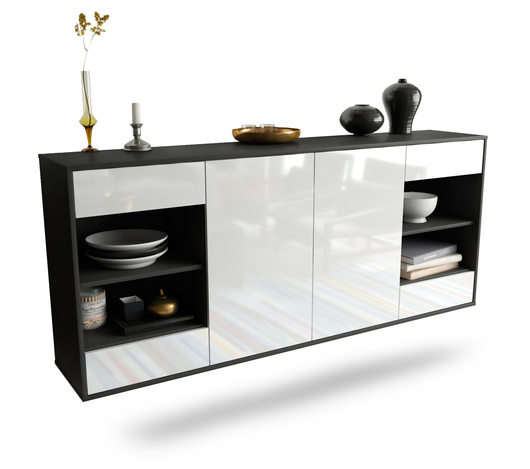 Sideboard Independence | hängend | Korpus Anthrazit | Front in Hochglanz Weiß | 180x79x35cm (BxHxT) 1 Sideboard Independence | hängend | Korpus Anthrazit | Front in Hochglanz Weiß | 180x79x35cm (BxHxT)