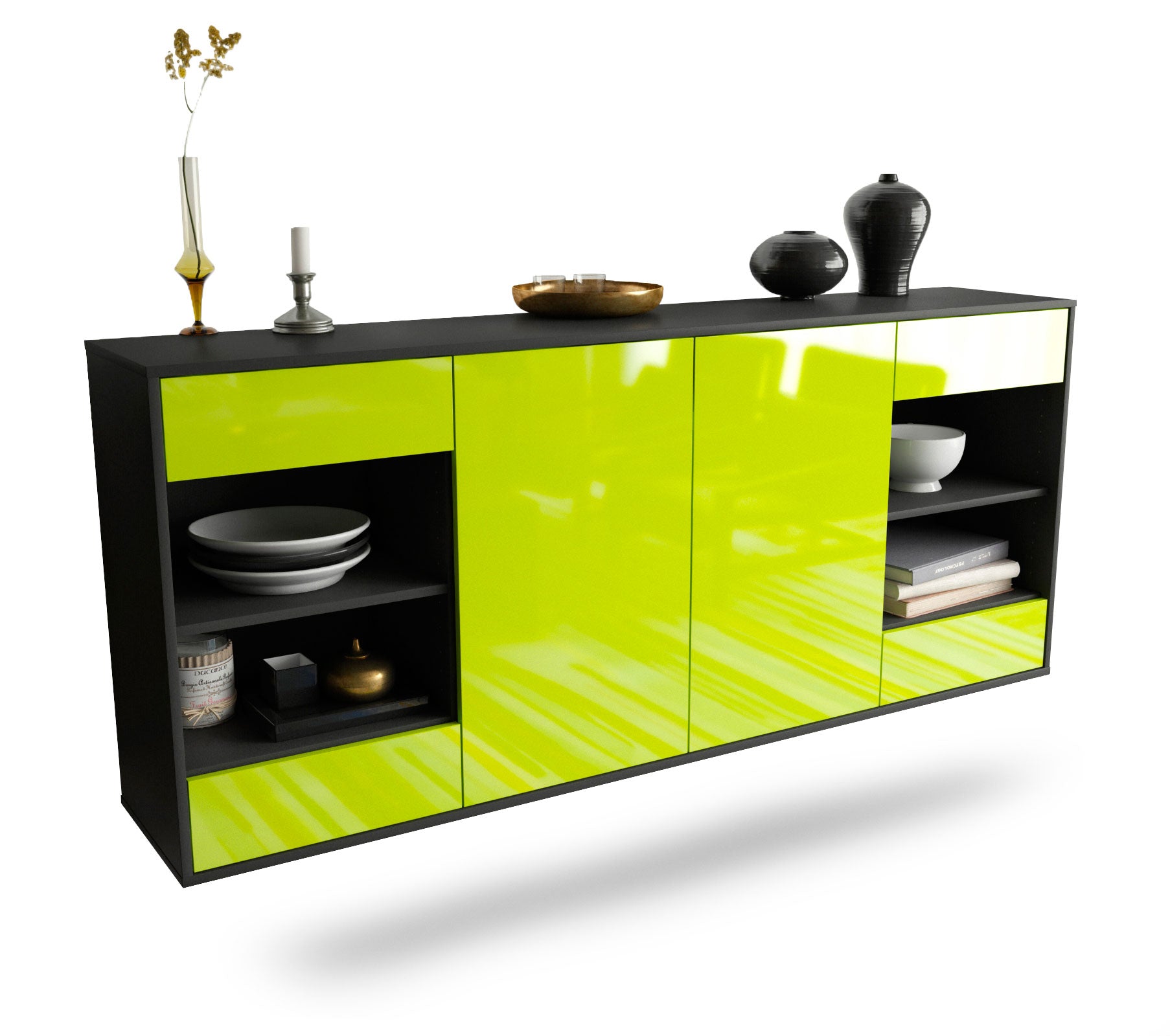 Sideboard Independence | hängend | Korpus Anthrazit | Front in Hochglanz Grün | 180x79x35cm (BxHxT) 1 Sideboard Independence | hängend | Korpus Anthrazit | Front in Hochglanz Grün | 180x79x35cm (BxHxT)