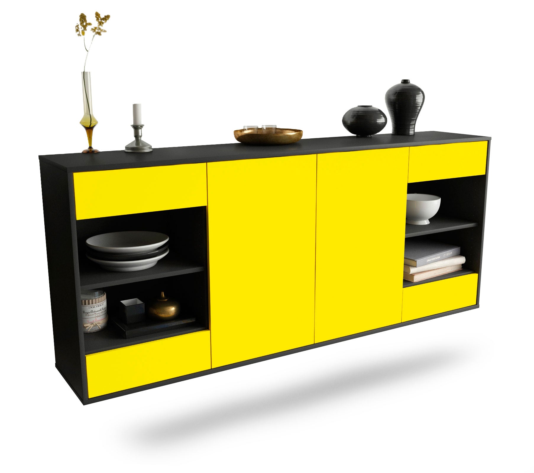 Sideboard Independence | hängend | Korpus Anthrazit | Front in Gelb | 180x79x35cm (BxHxT) 1 Sideboard Independence | hängend | Korpus Anthrazit | Front in Gelb | 180x79x35cm (BxHxT)