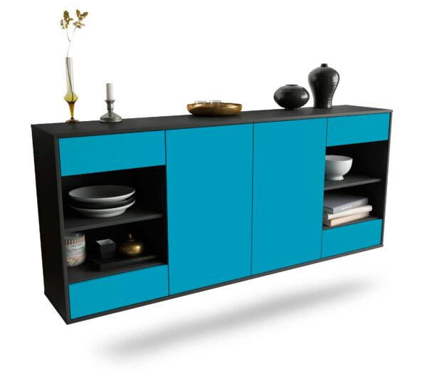 Sideboard Independence | hängend | Korpus Anthrazit | Front in Türkis | 180x79x35cm (BxHxT)
