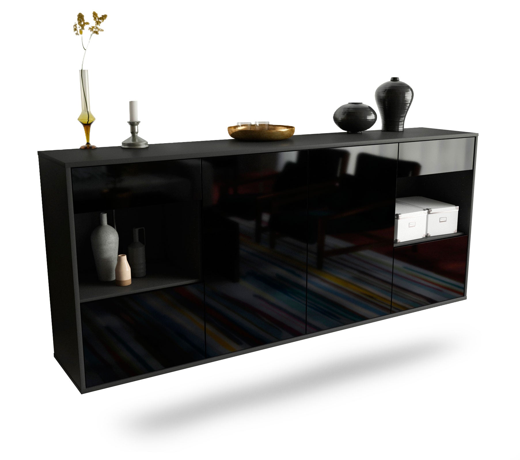 Sideboard Charleston | hängend | Korpus Anthrazit | Front in Hochglanz Schwarz | 180x79x35cm (BxHxT) 1 Sideboard Charleston | hängend | Korpus Anthrazit | Front in Hochglanz Schwarz | 180x79x35cm (BxHxT)