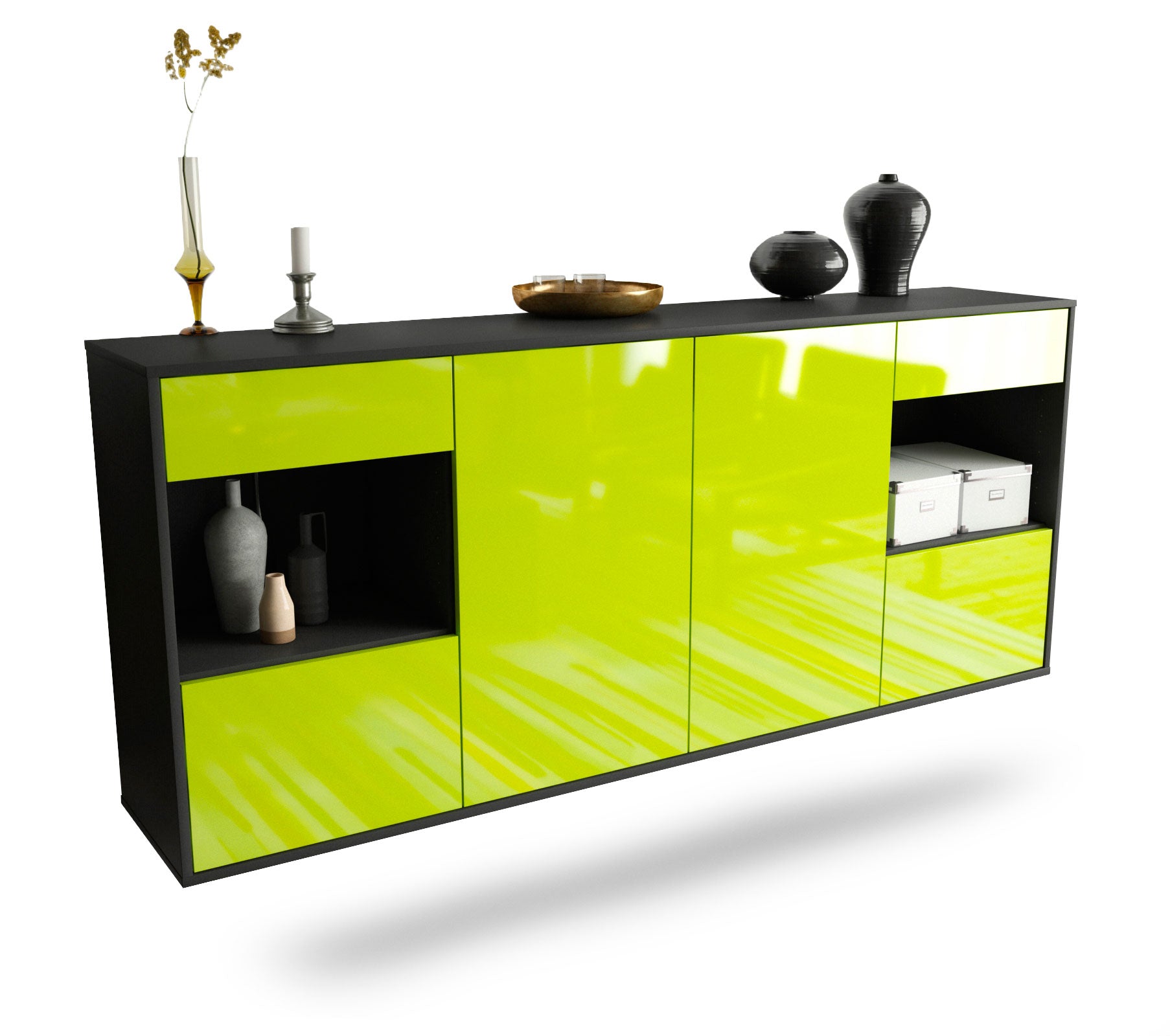 Sideboard Charleston | hängend | Korpus Anthrazit | Front in Hochglanz Grün | 180x79x35cm (BxHxT) 1 Sideboard Charleston | hängend | Korpus Anthrazit | Front in Hochglanz Grün | 180x79x35cm (BxHxT)