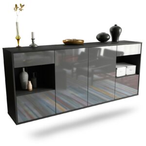Sideboard Charleston | hängend | Korpus Anthrazit | Front in Hochglanz Grau | 180x79x35cm (BxHxT)